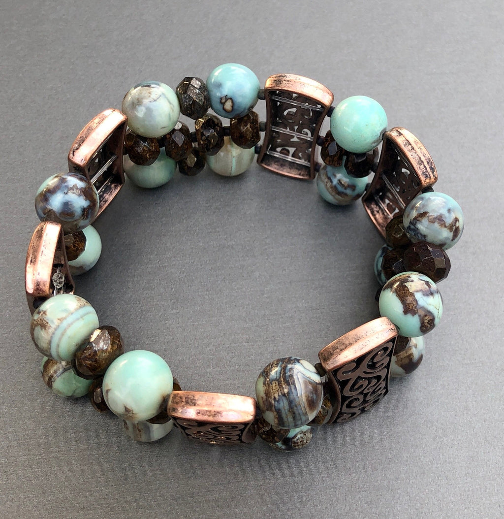 MossberryandStone Agate and Bronzite Beaded Stretch Bracelet 1in Wide