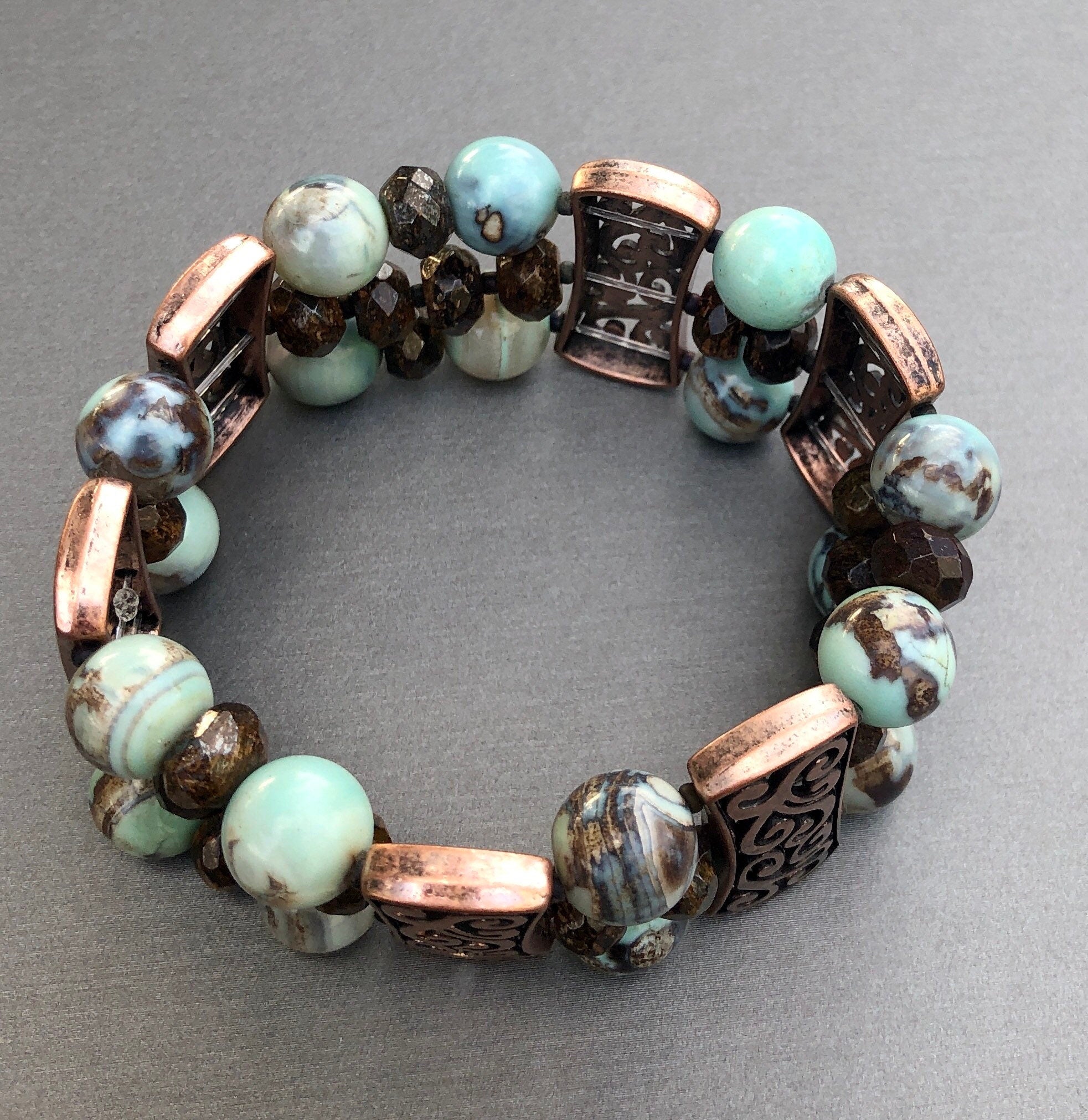MossberryandStone Agate and Bronzite Beaded Stretch Bracelet 1in Wide