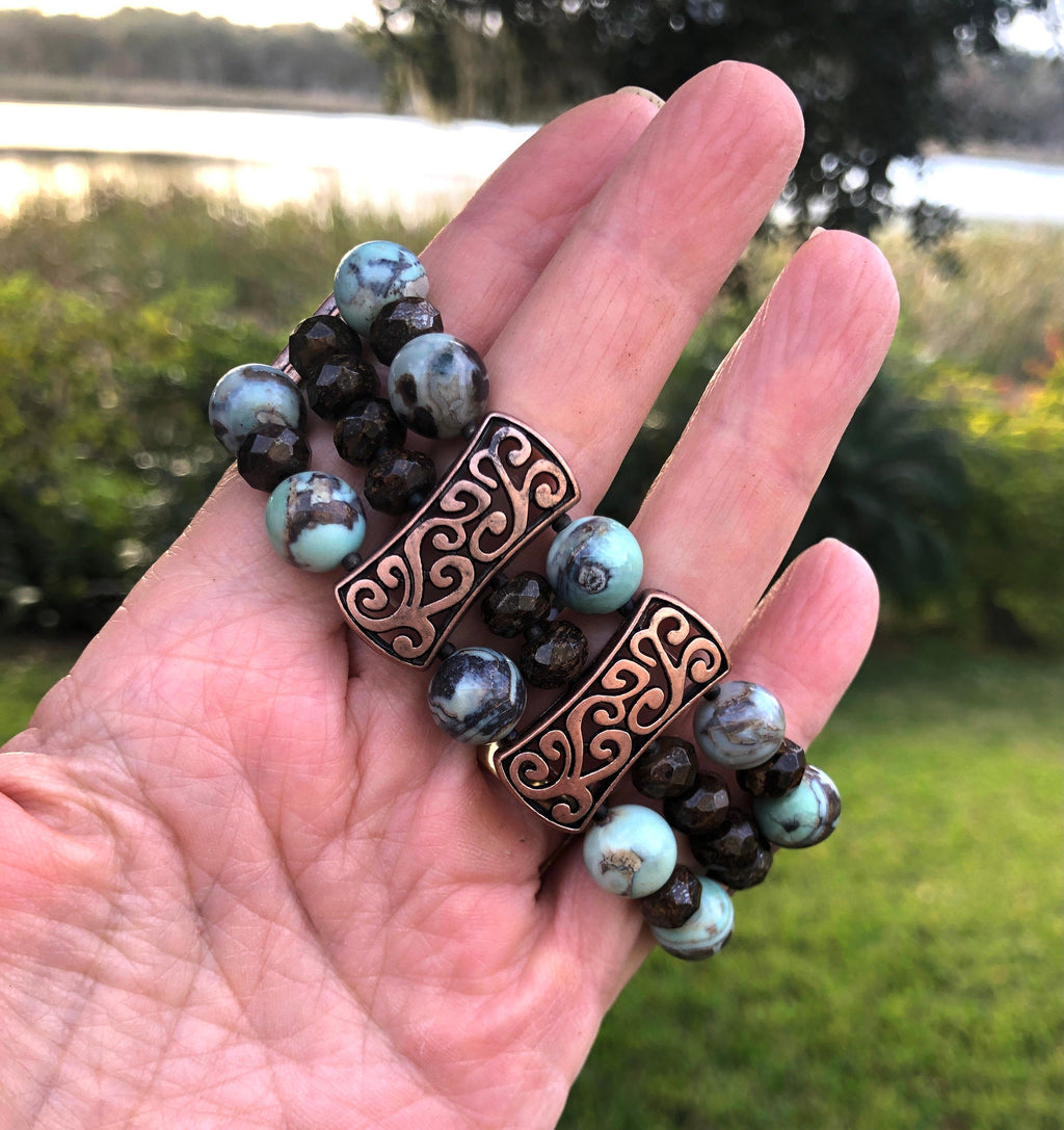 MossberryandStone Agate and Bronzite Beaded Stretch Bracelet 1in Wide