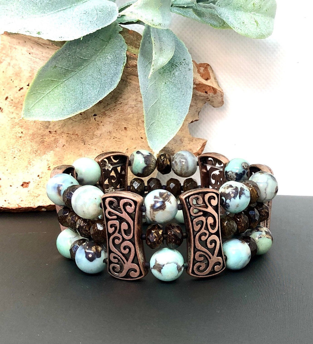 MossberryandStone Agate and Bronzite Beaded Stretch Bracelet 1in Wide