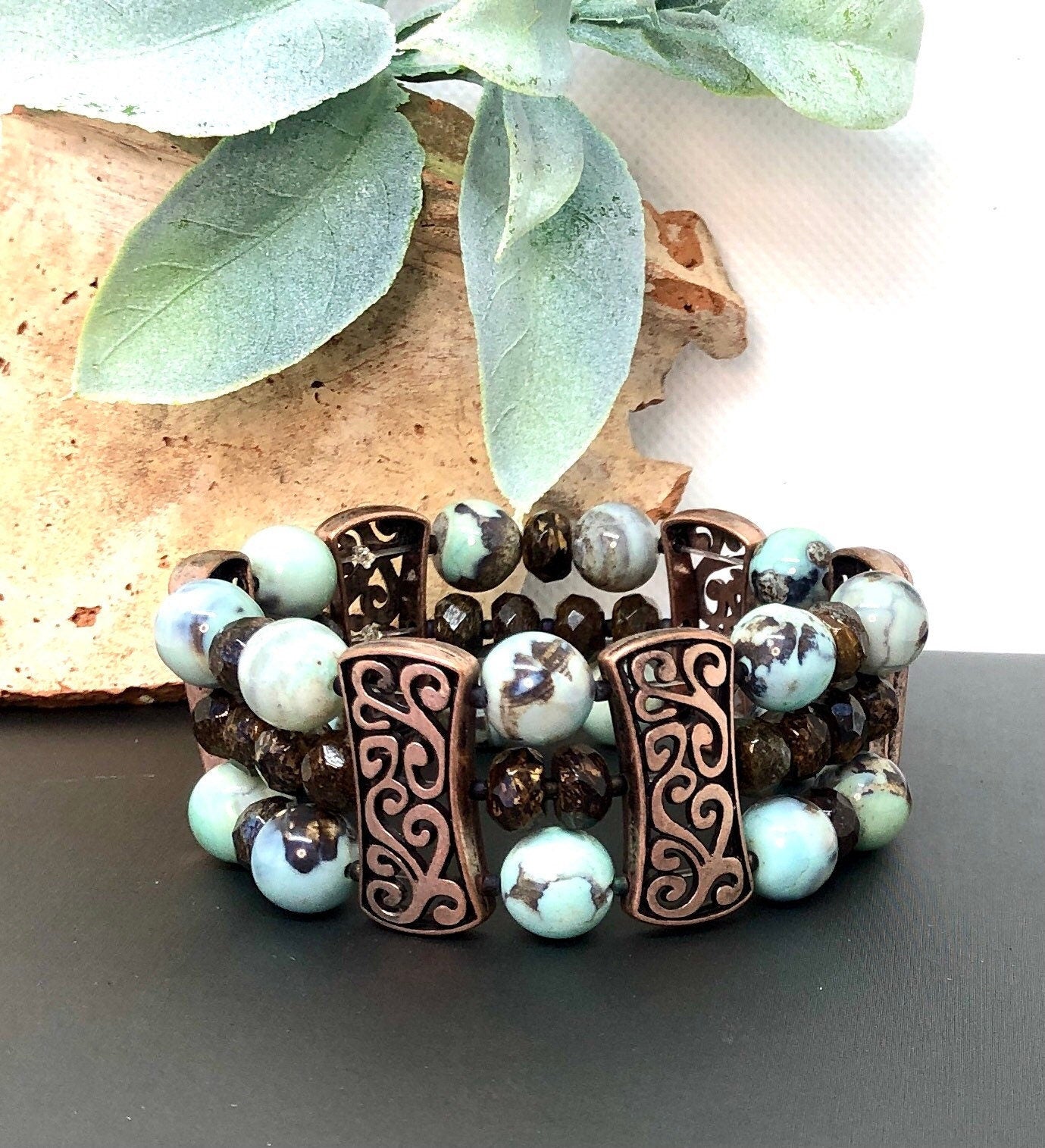 MossberryandStone Agate and Bronzite Beaded Stretch Bracelet 1in Wide