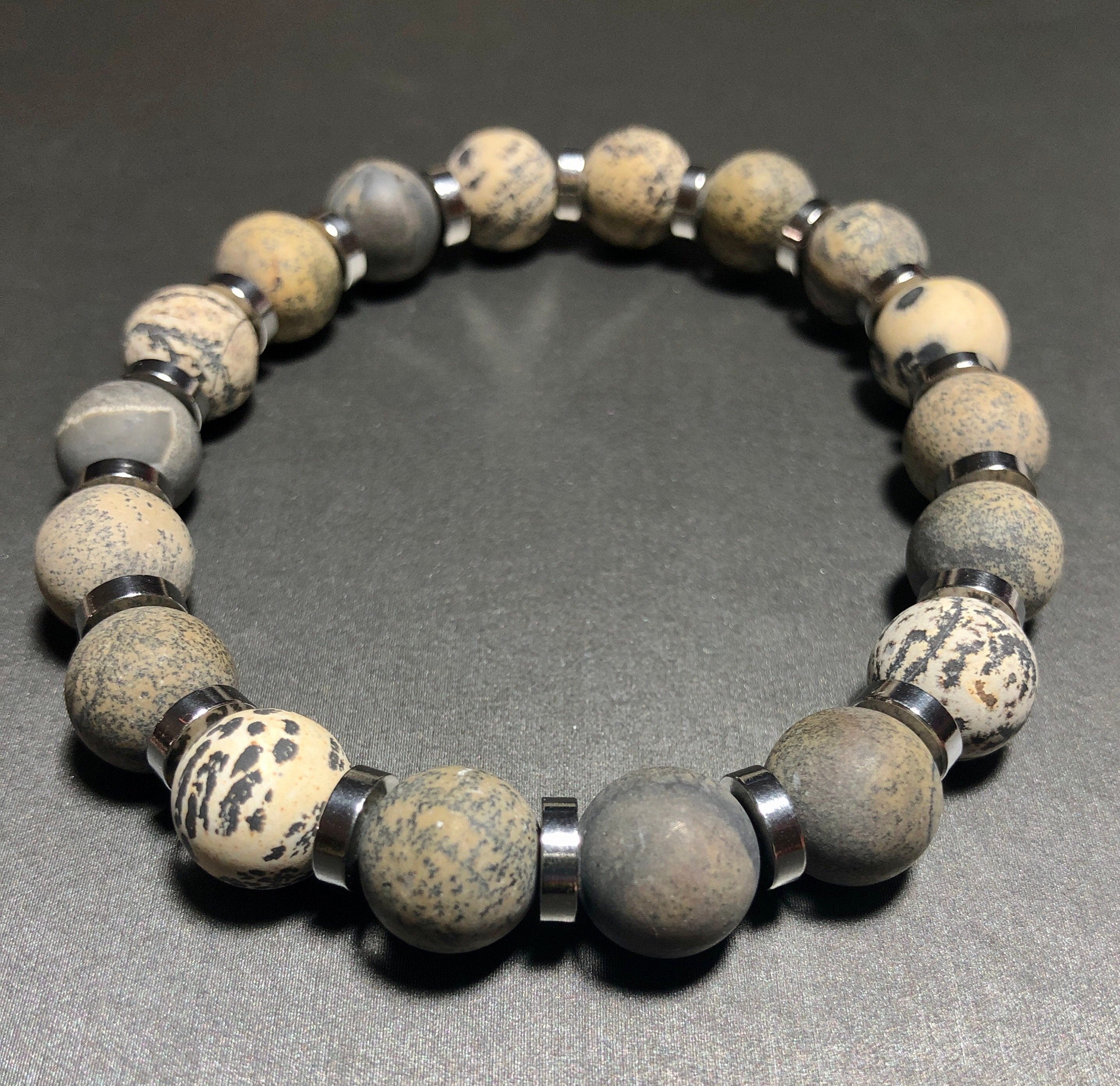 Artistic Matte Jasper and Silver Beaded Bracelet, Unisex Neutral Toned Stretch Bracelet
