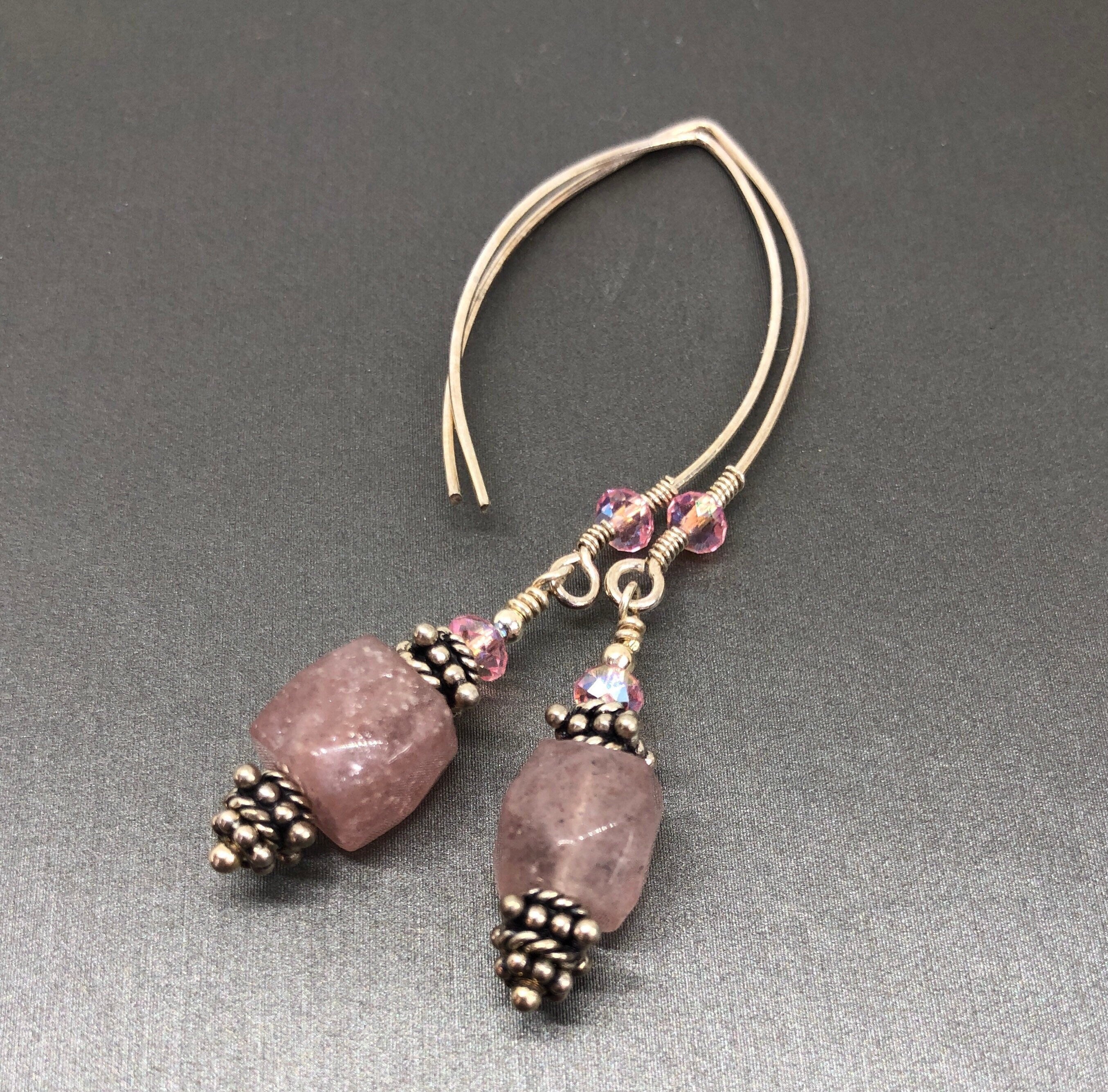 MossberryandStone Pink Strawberry Quartz Sterling Silver Dangle Earrings Beaded