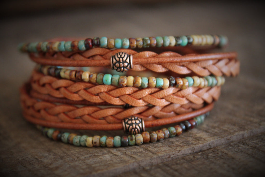 Men's Boho Leather Wrap Bracelet: Braided Copper Beaded Style