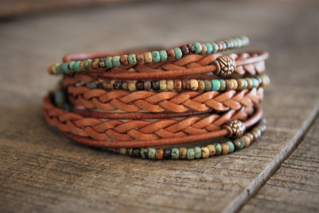 Men's Boho Leather Wrap Bracelet: Braided Copper Beaded Style