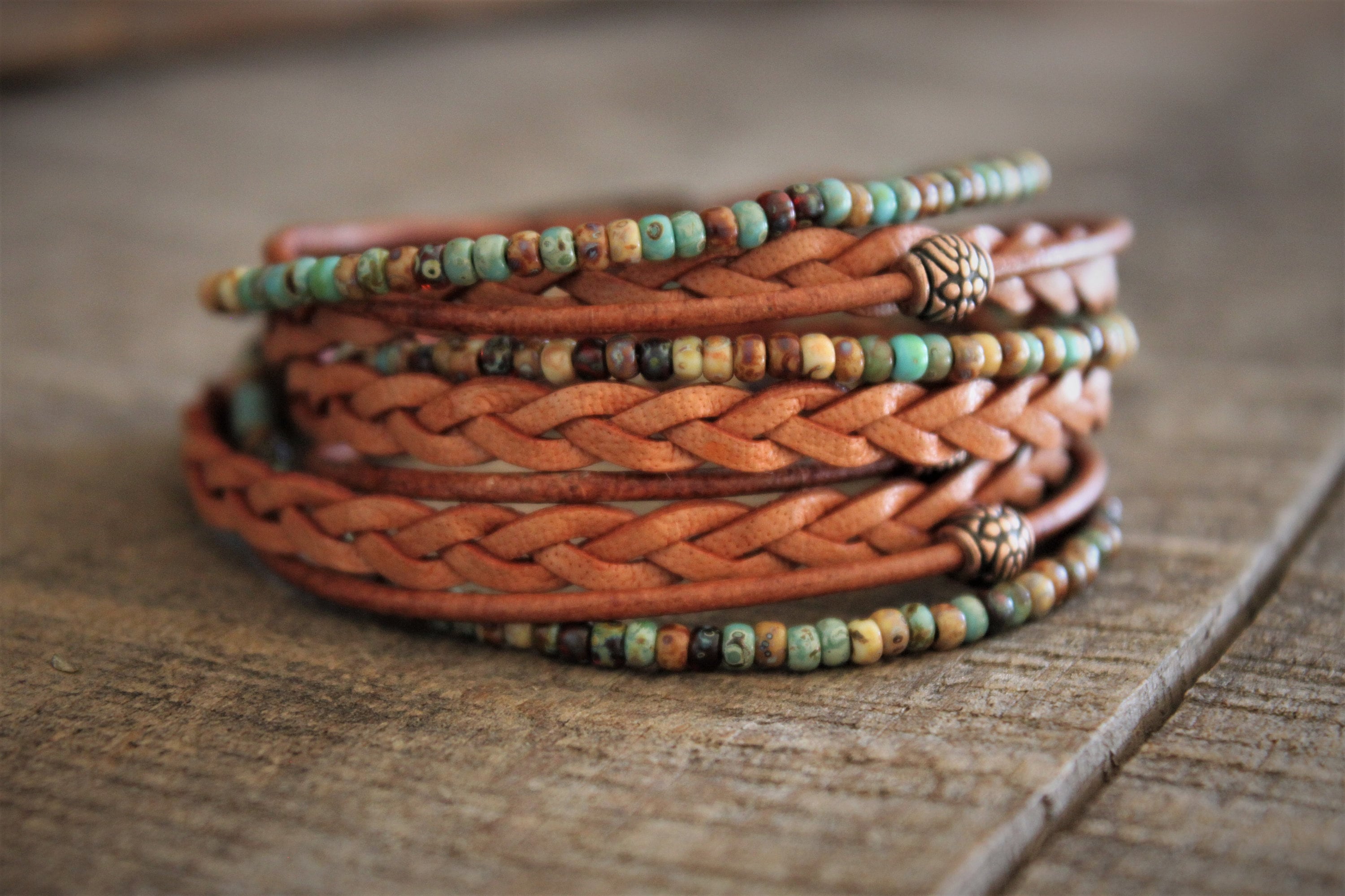 Men's Boho Leather Wrap Bracelet: Braided Copper Beaded Style