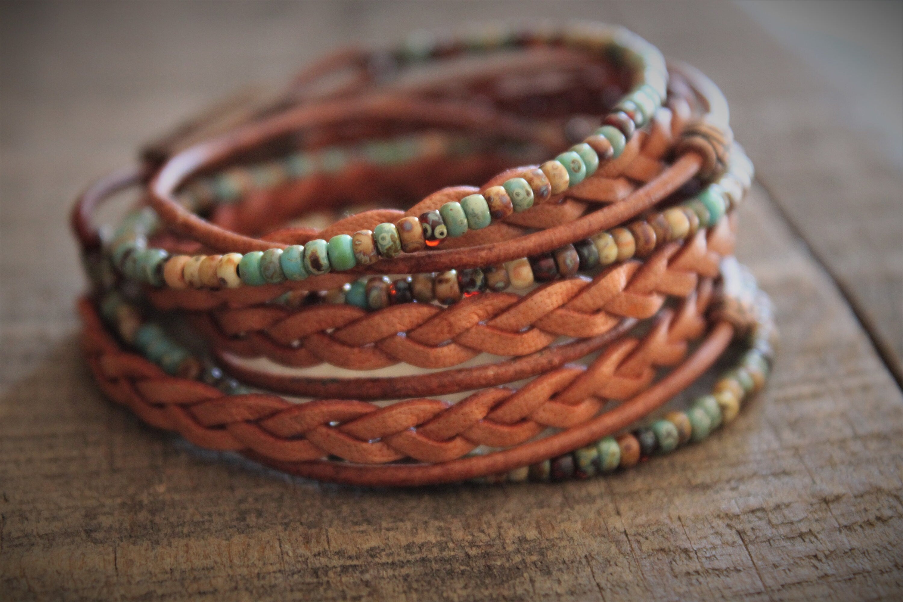 Men's Boho Leather Wrap Bracelet: Braided Copper Beaded Style