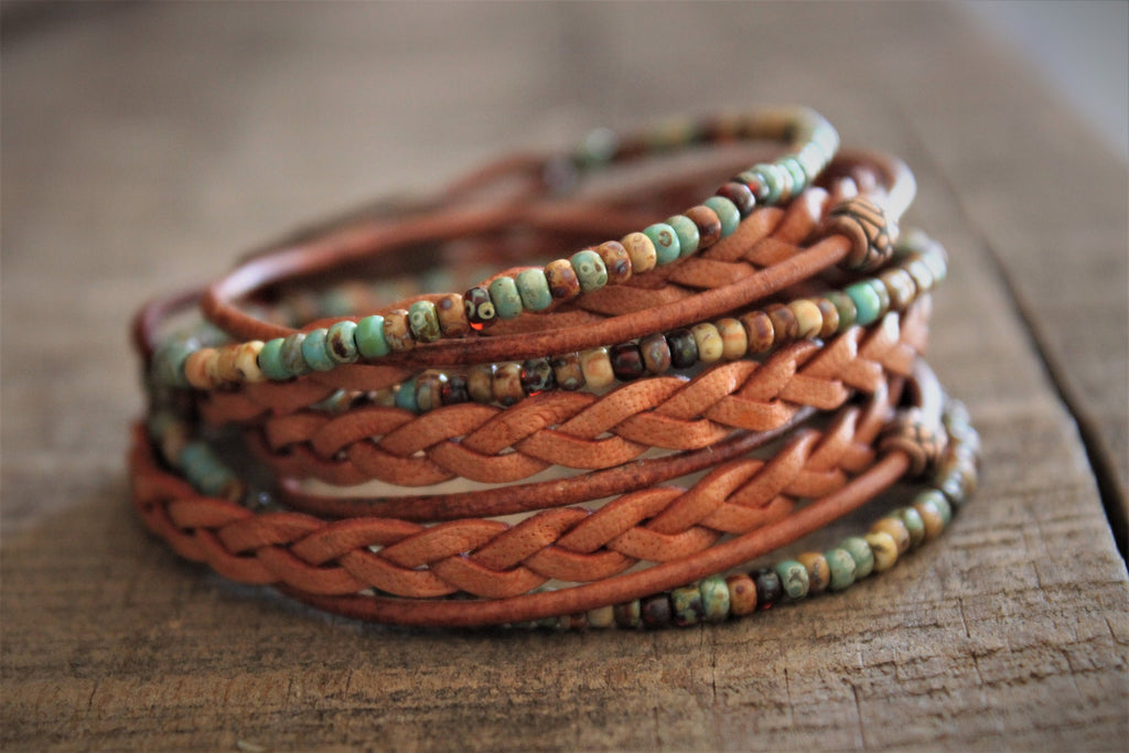 Men's Boho Leather Wrap Bracelet: Braided Copper Beaded Style
