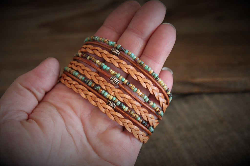 Men's Boho Leather Wrap Bracelet: Braided Copper Beaded Style