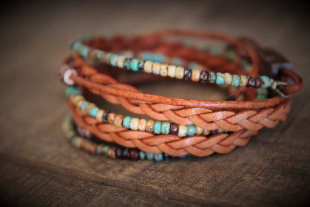 Men's Boho Leather Wrap Bracelet: Braided Copper Beaded Style