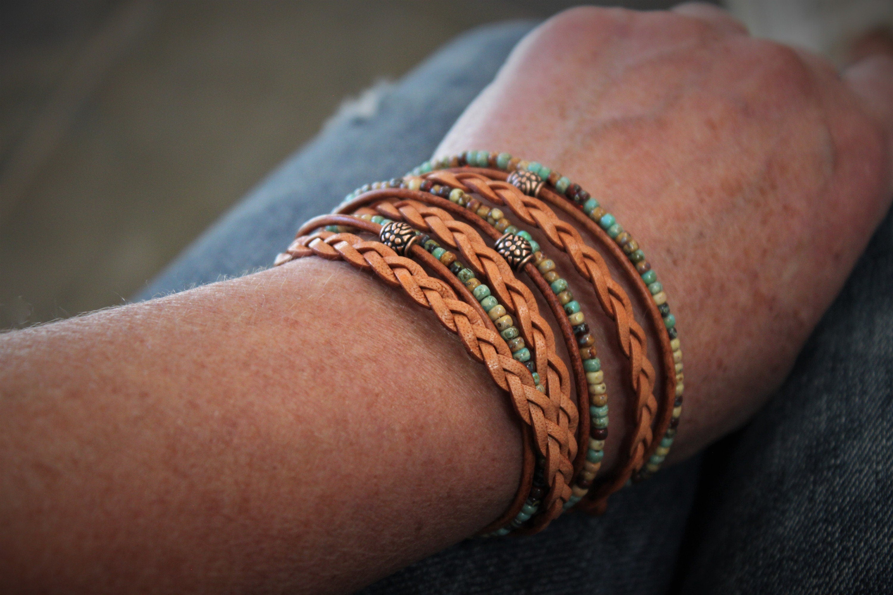 Men's Boho Leather Wrap Bracelet: Braided Copper Beaded Style