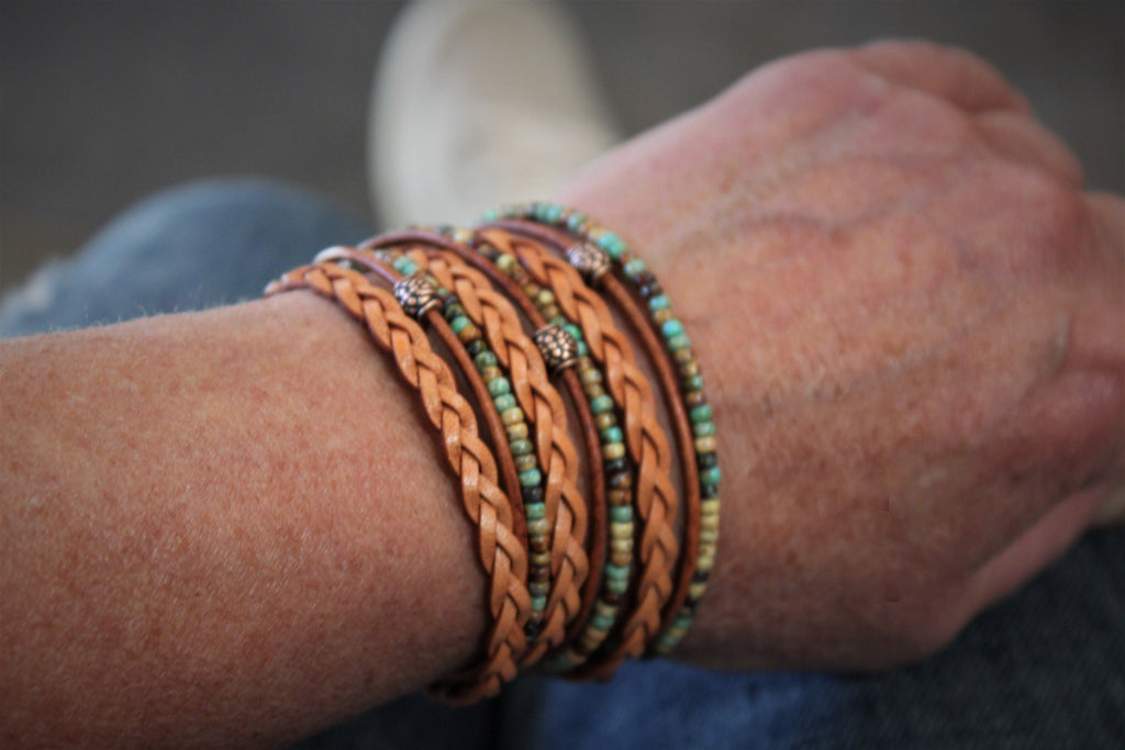 Men's Boho Leather Wrap Bracelet: Braided Copper Beaded Style