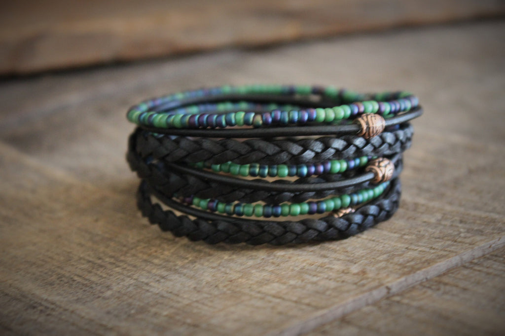 Men's Braided Leather Wrap Bracelet: Beaded Boho Style