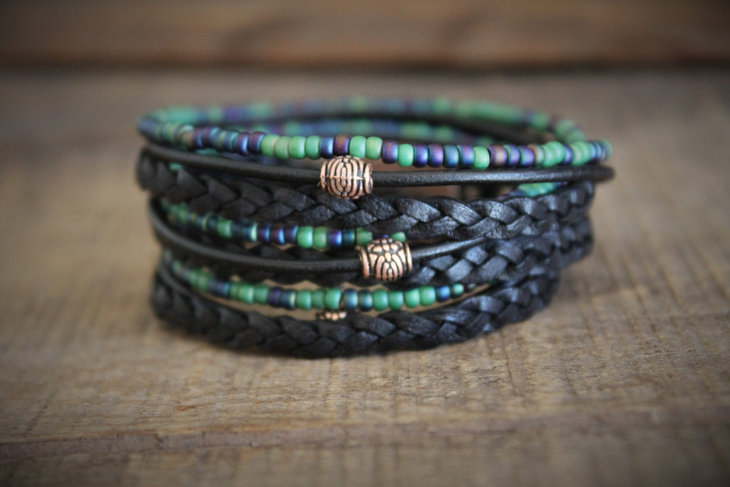 Men's Braided Leather Wrap Bracelet: Beaded Boho Style