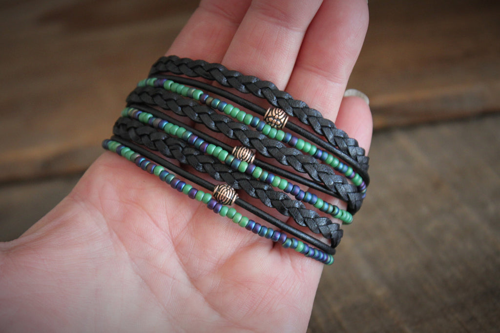 Men's Braided Leather Wrap Bracelet: Beaded Boho Style
