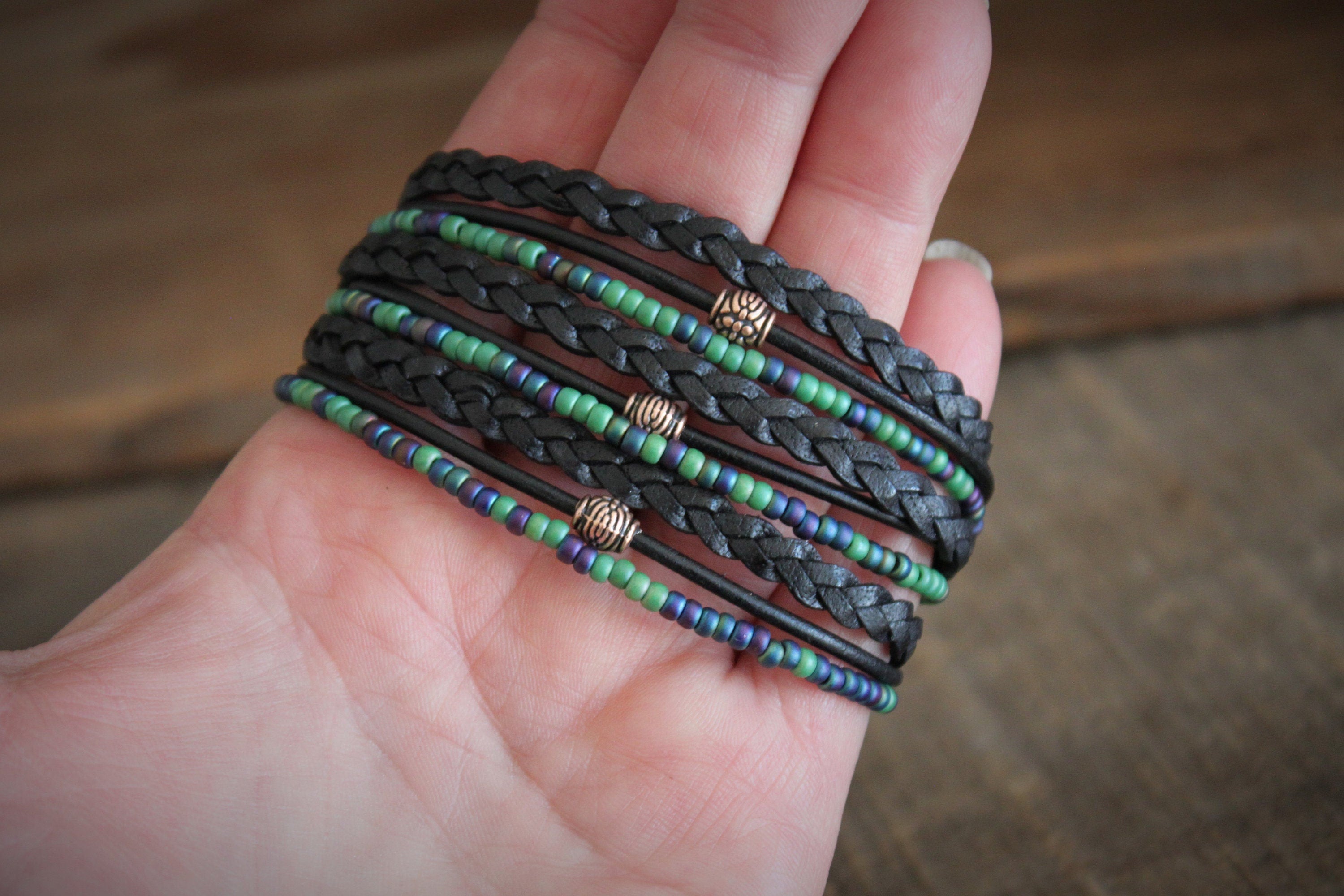 Men's Braided Leather Wrap Bracelet: Beaded Boho Style