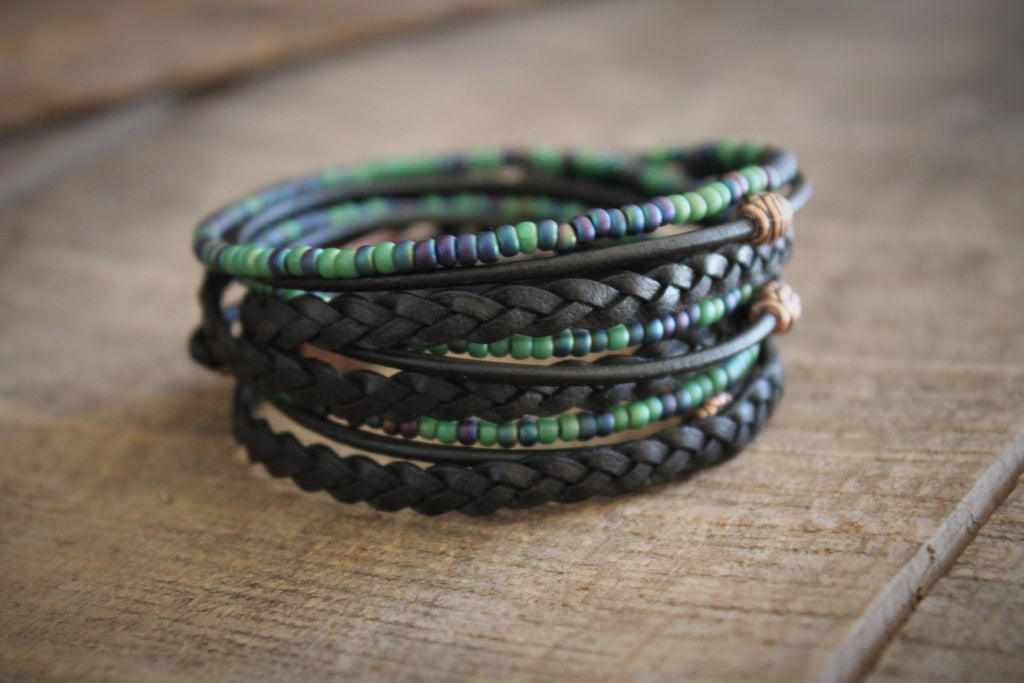 Men's Braided Leather Wrap Bracelet: Beaded Boho Style