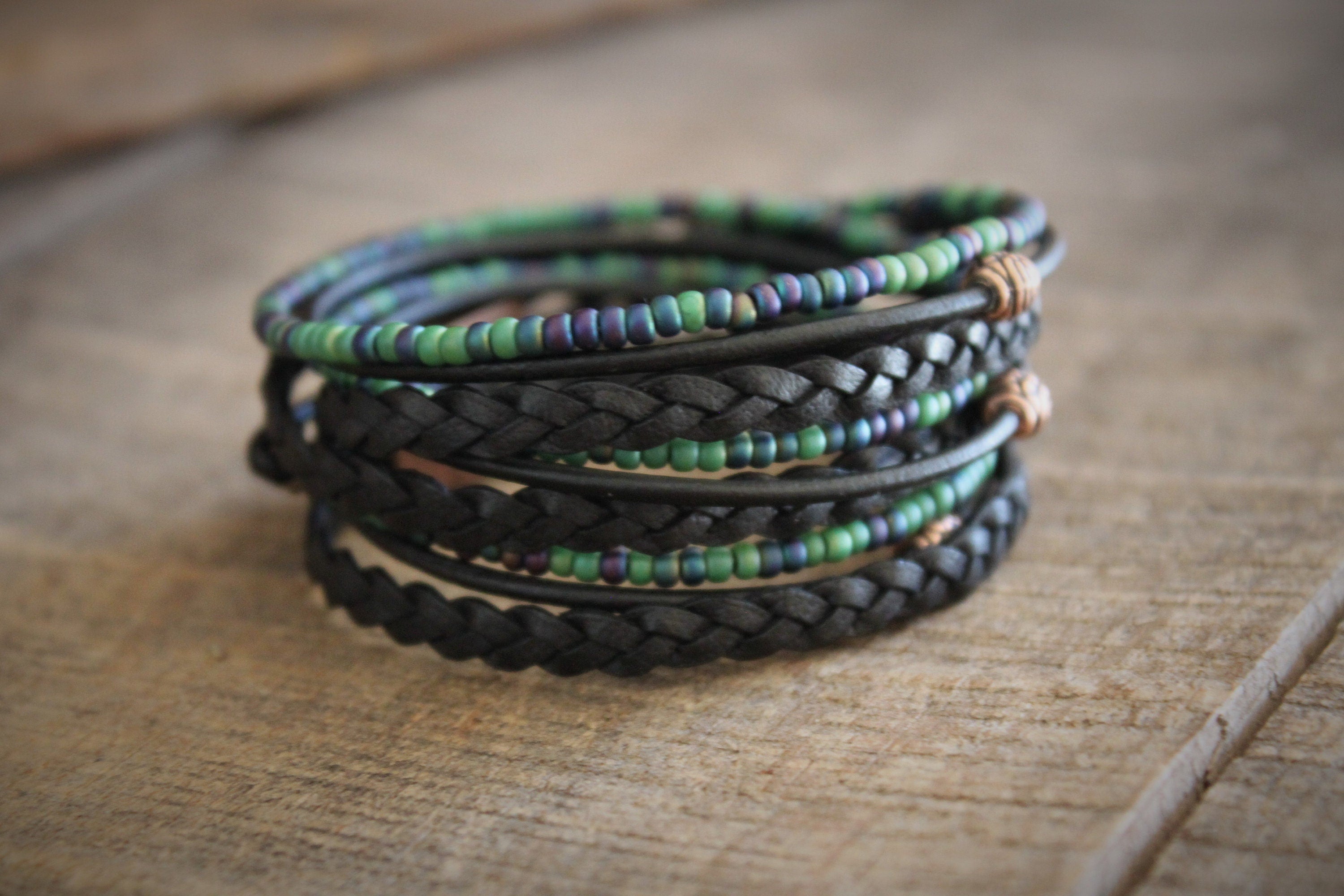 Men's Braided Leather Wrap Bracelet: Beaded Boho Style