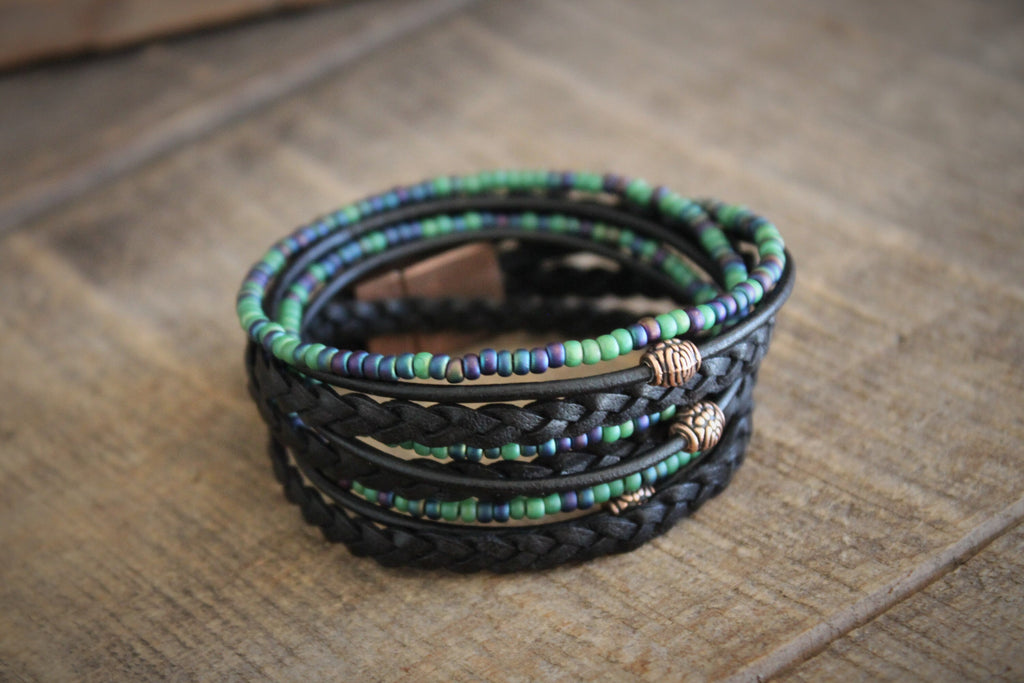 Men's Braided Leather Wrap Bracelet: Beaded Boho Style
