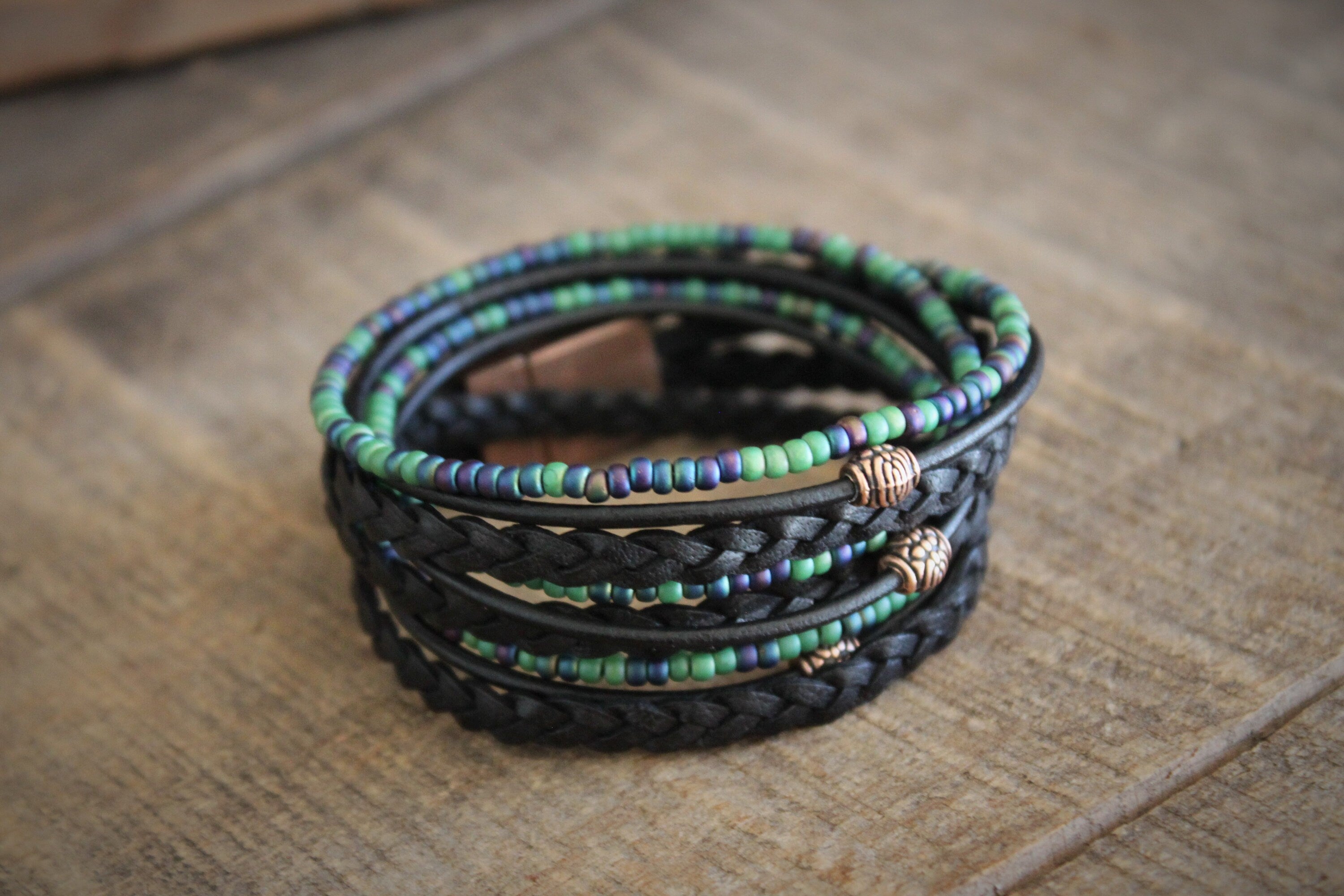 Men's Braided Leather Wrap Bracelet: Beaded Boho Style