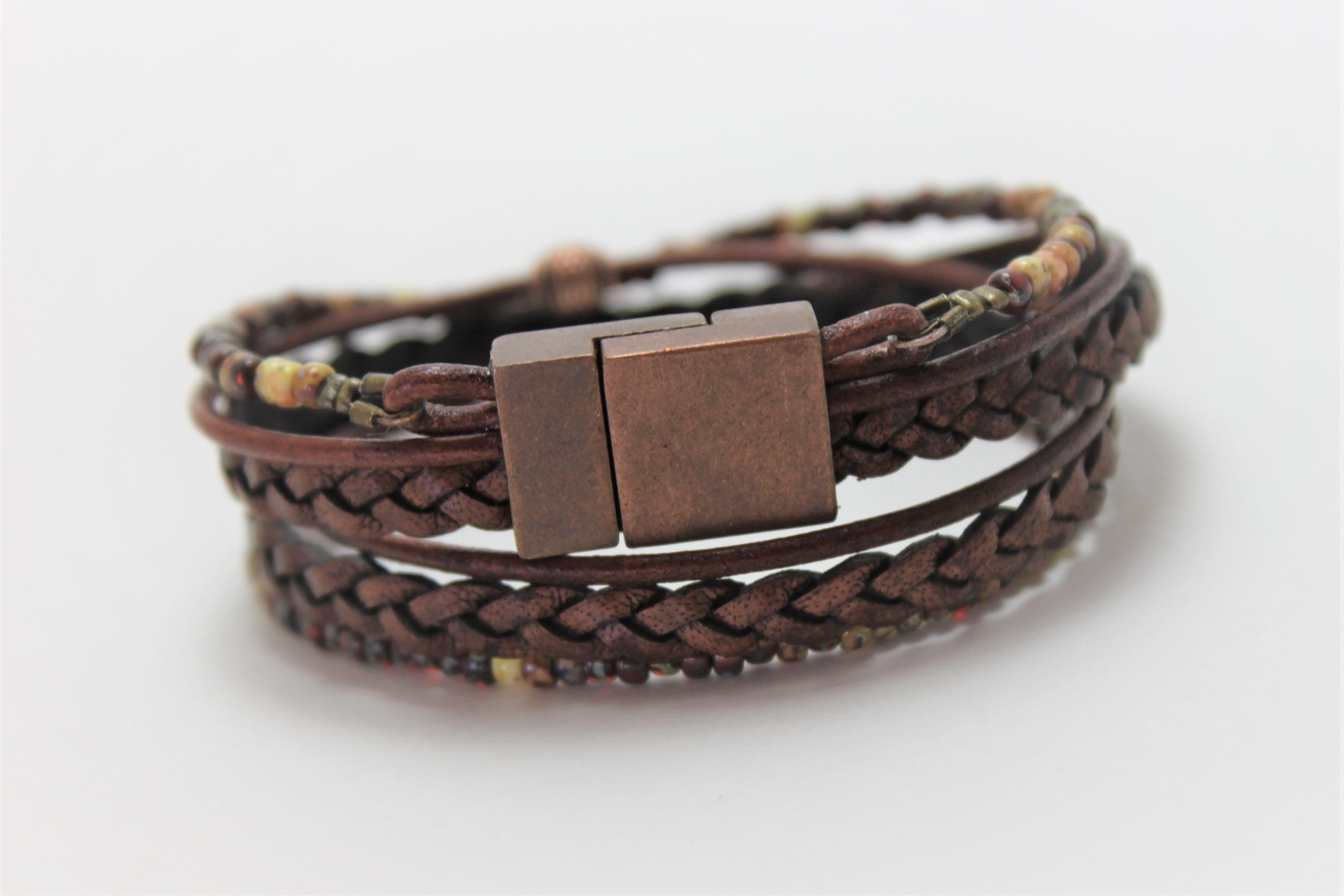 BohoWrapFrancesca Boho Leather Wrap Bracelet Miyoki Seed Beads Magnetic Clasp