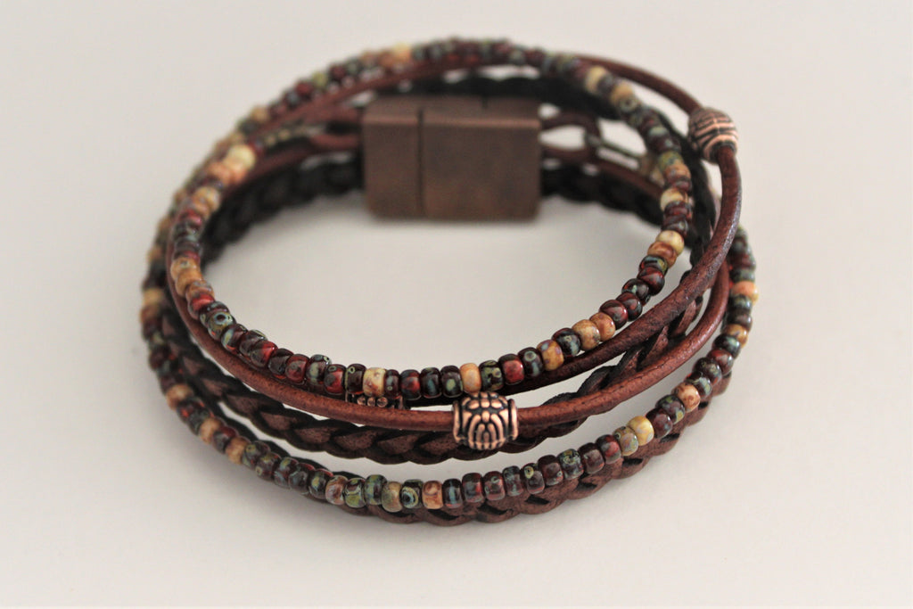BohoWrapFrancesca Boho Leather Wrap Bracelet Miyoki Seed Beads Magnetic Clasp
