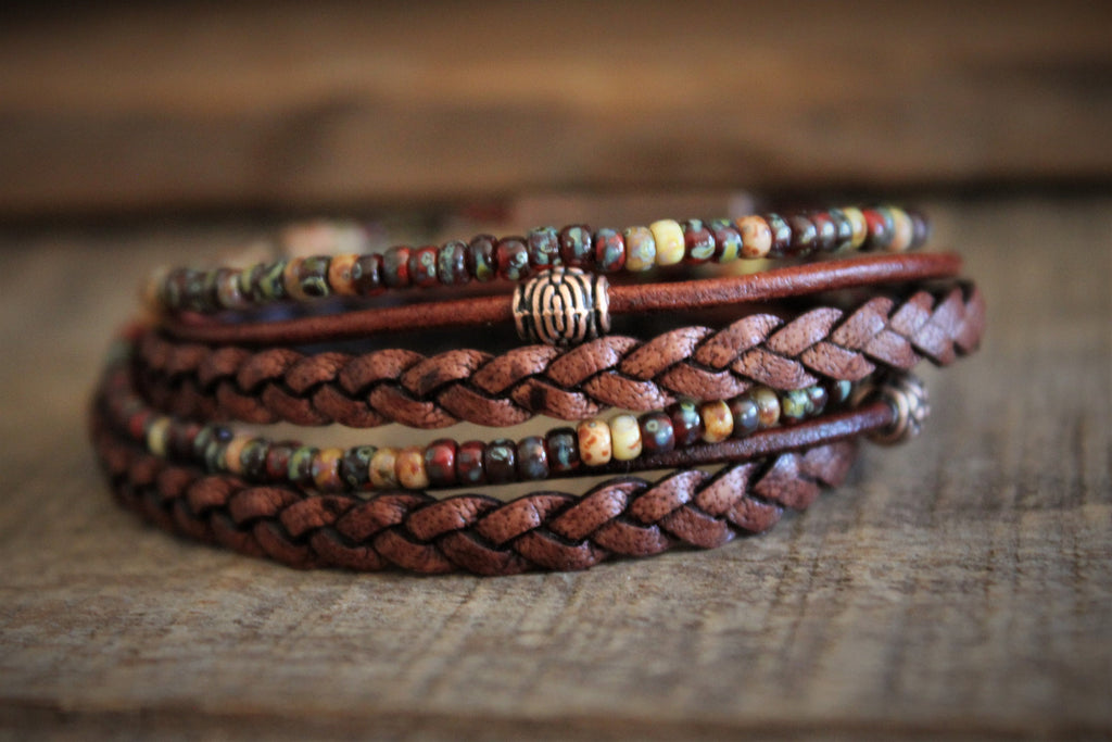 BohoWrapFrancesca Boho Leather Wrap Bracelet Miyoki Seed Beads Magnetic Clasp
