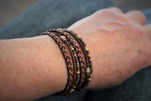 BohoWrapFrancesca Boho Leather Wrap Bracelet Miyoki Seed Beads Magnetic Clasp