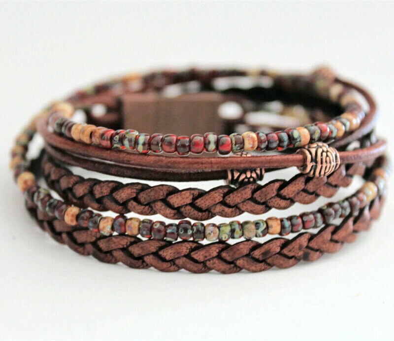 BohoWrapFrancesca Braided Leather Wrap Bracelet Miyoki Seed Beads