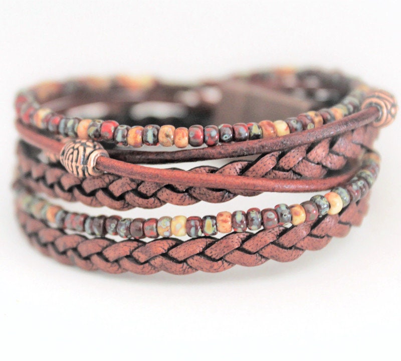 BohoWrapFrancesca Braided Leather Wrap Bracelet Miyoki Seed Beads