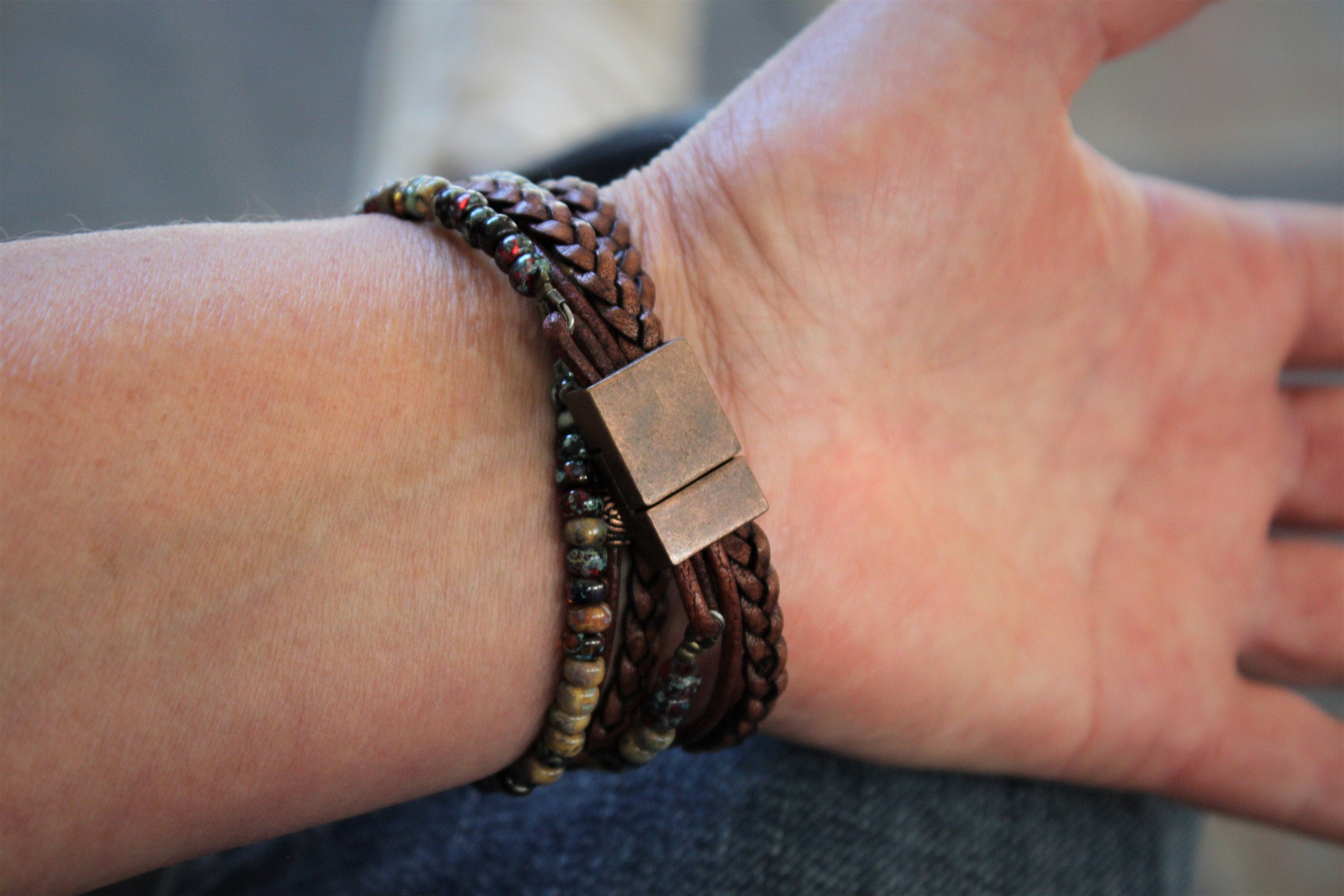 BohoWrapFrancesca Boho Leather Wrap Bracelet Braided Napa Miyuki Beads