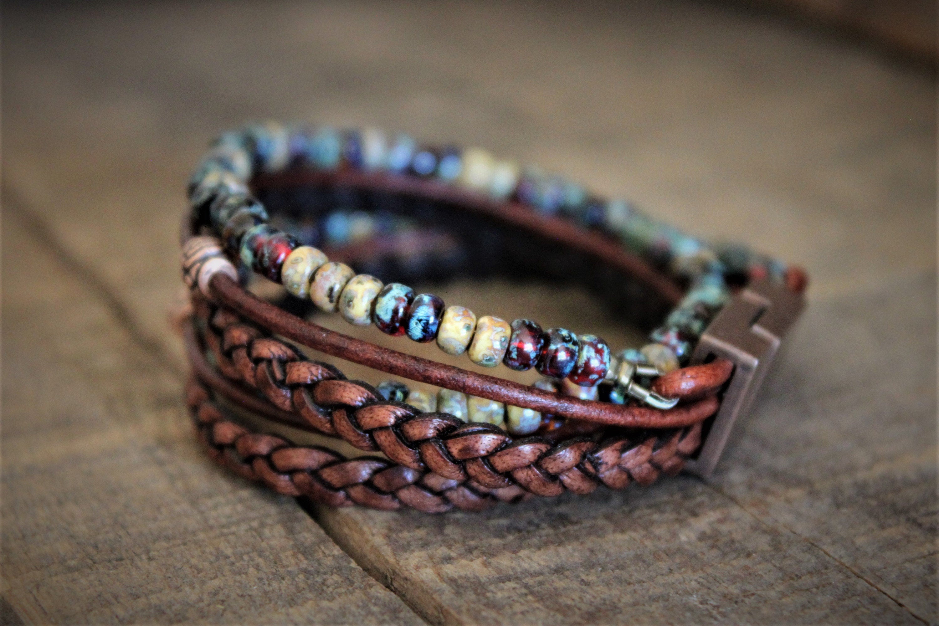 BohoWrapFrancesca Boho Leather Wrap Bracelet Braided Napa Miyuki Beads