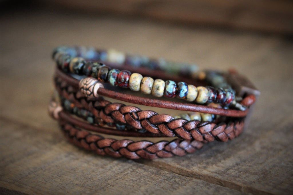 BohoWrapFrancesca Boho Leather Wrap Bracelet Braided Napa Miyuki Beads