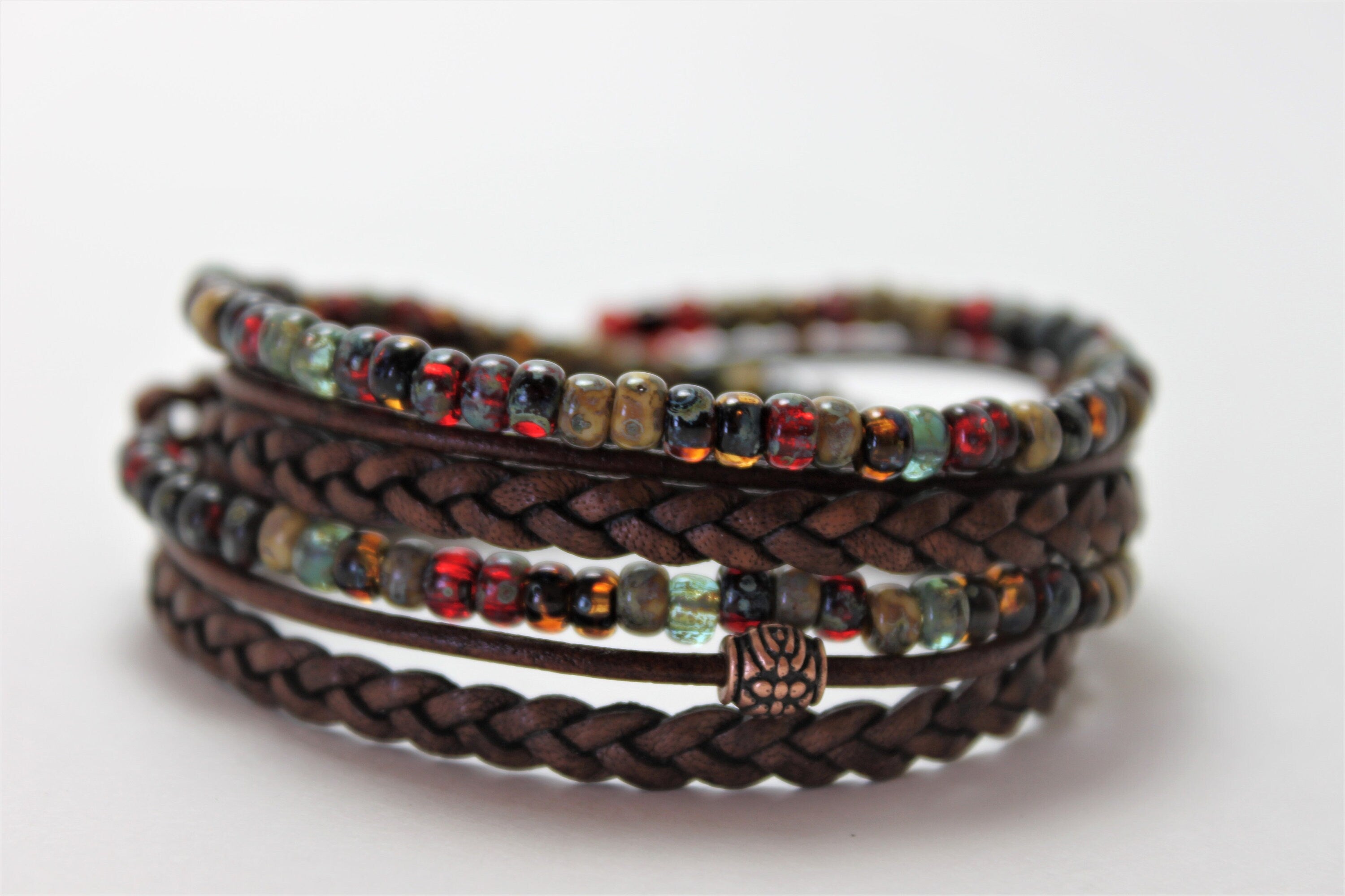 BohoWrapFrancesca Boho Leather Wrap Bracelet Braided Napa Miyuki Beads