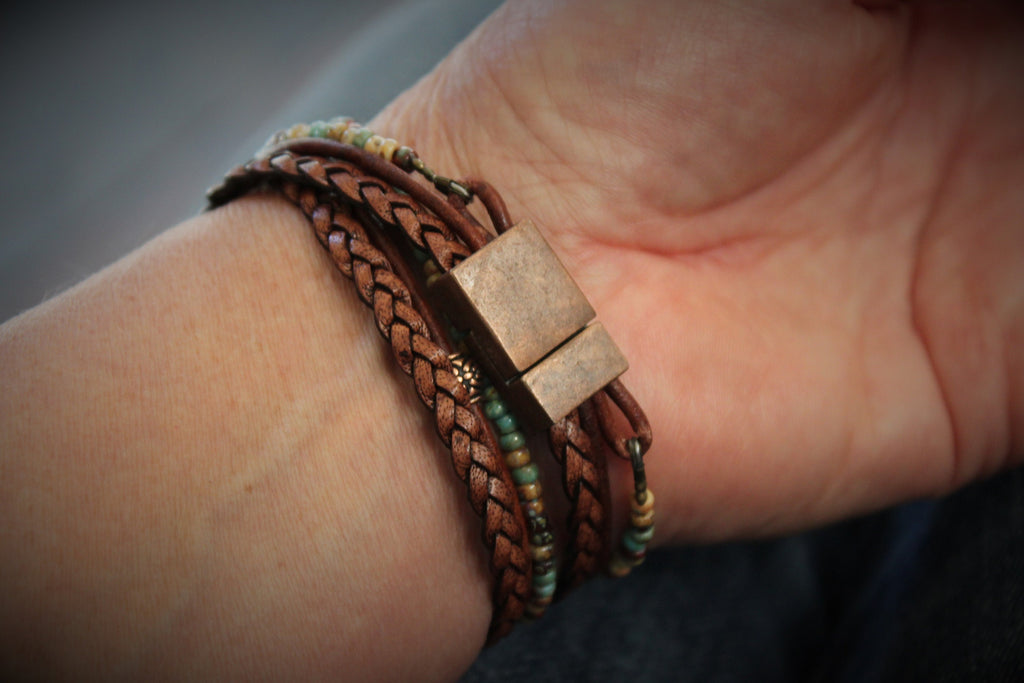 BohoWrapFrancesca Boho Leather Wrap Bracelet Earthy Beaded Stackable Jewelry