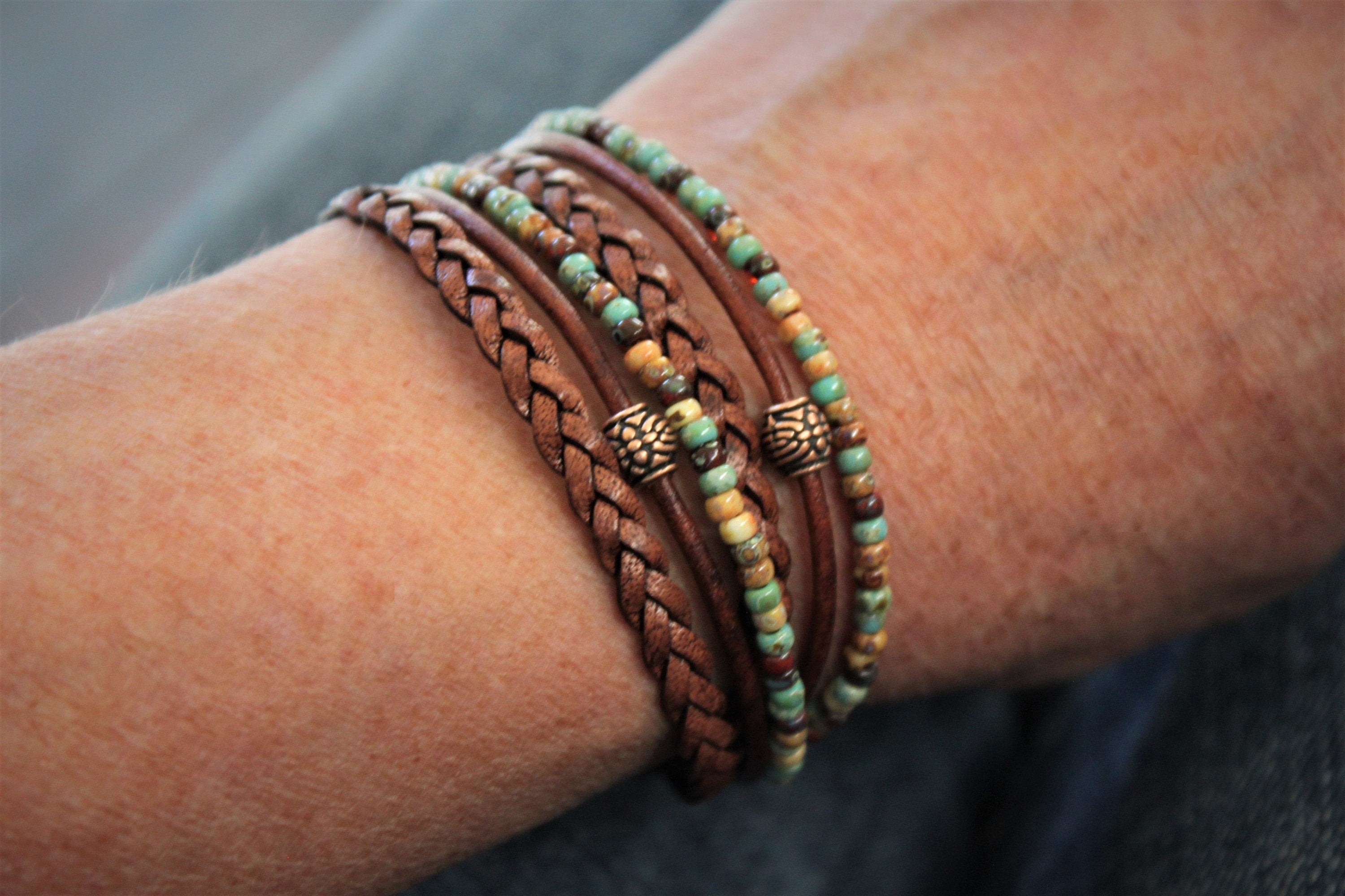 Boho Leather Wrap Bracelet Earthy Beaded Stackable Jewelry