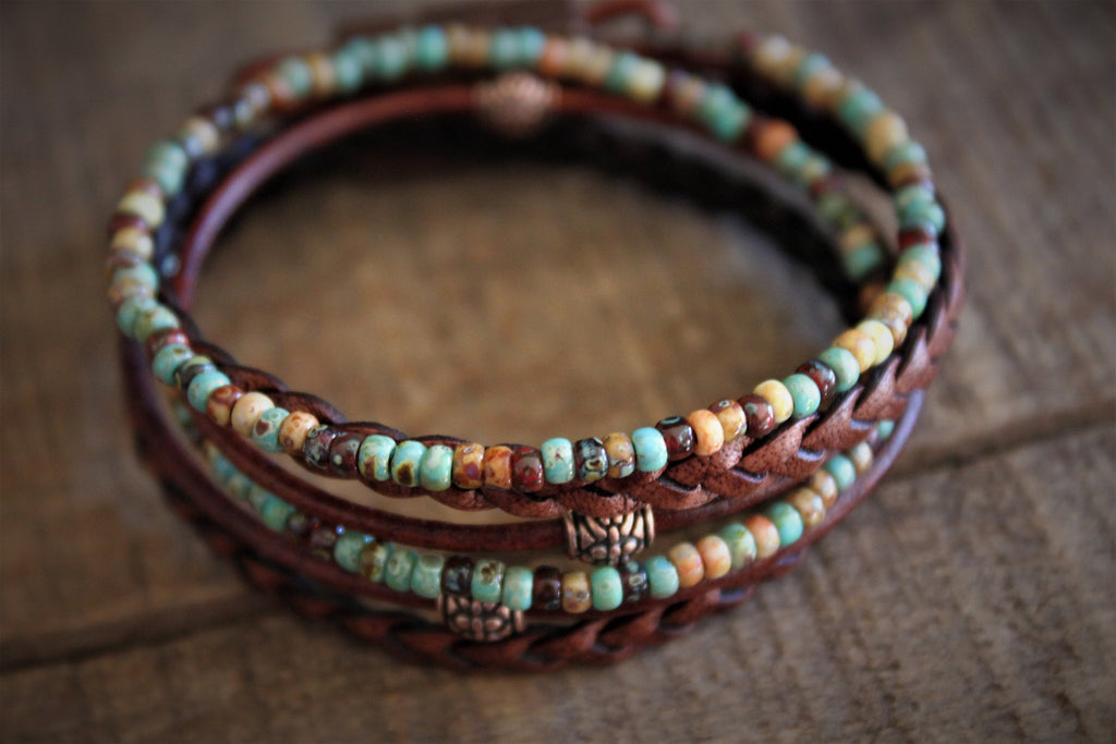 Boho Leather Wrap Bracelet Earthy Beaded Stackable Jewelry