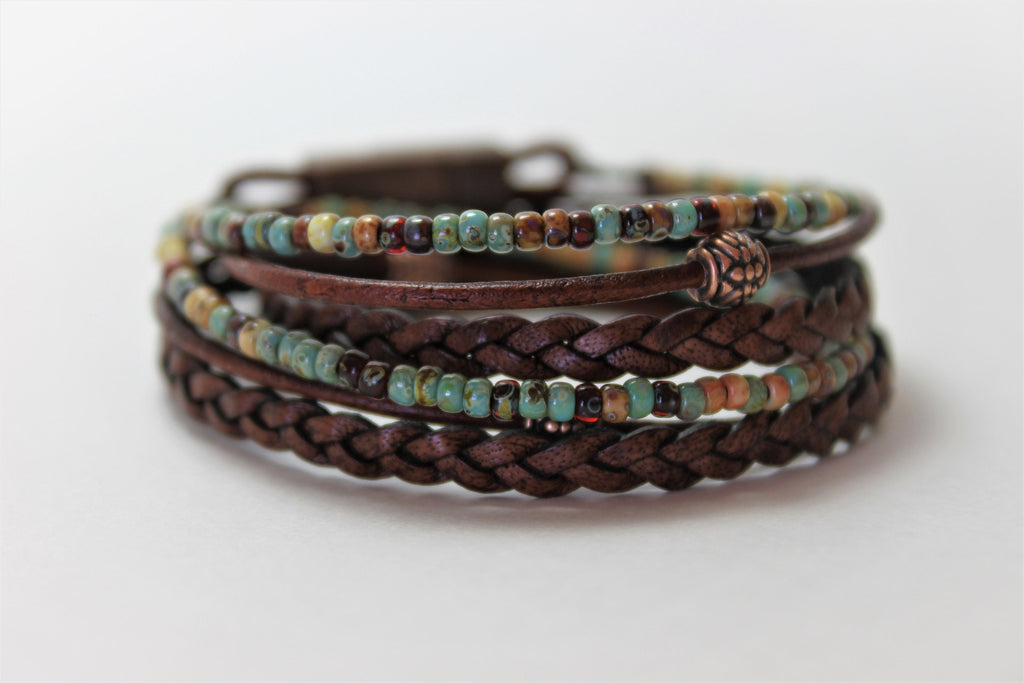 BohoWrapFrancesca Boho Leather Wrap Bracelet Earthy Beaded Stackable Jewelry