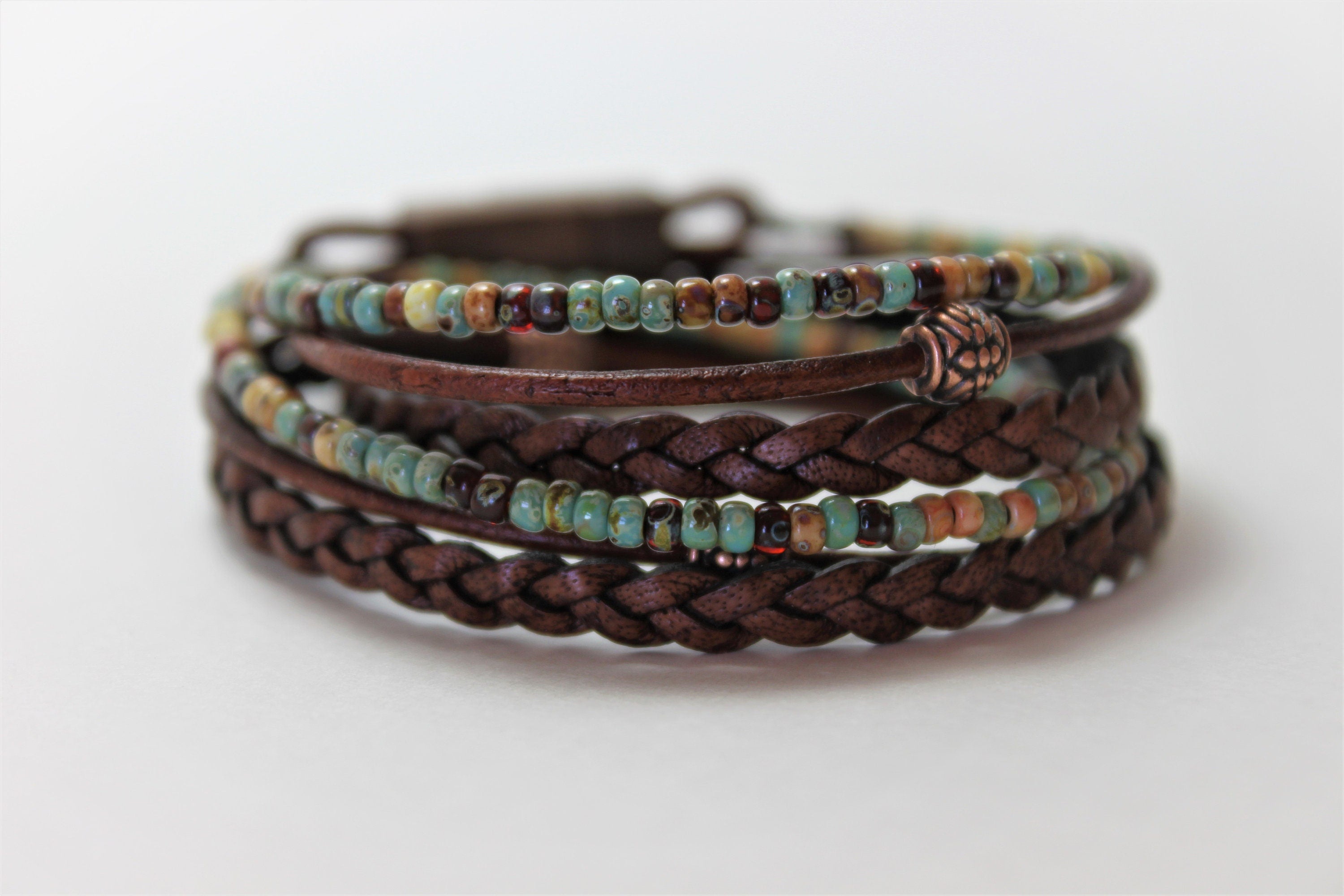 BohoWrapFrancesca Boho Leather Wrap Bracelet Earthy Beaded Stackable Jewelry