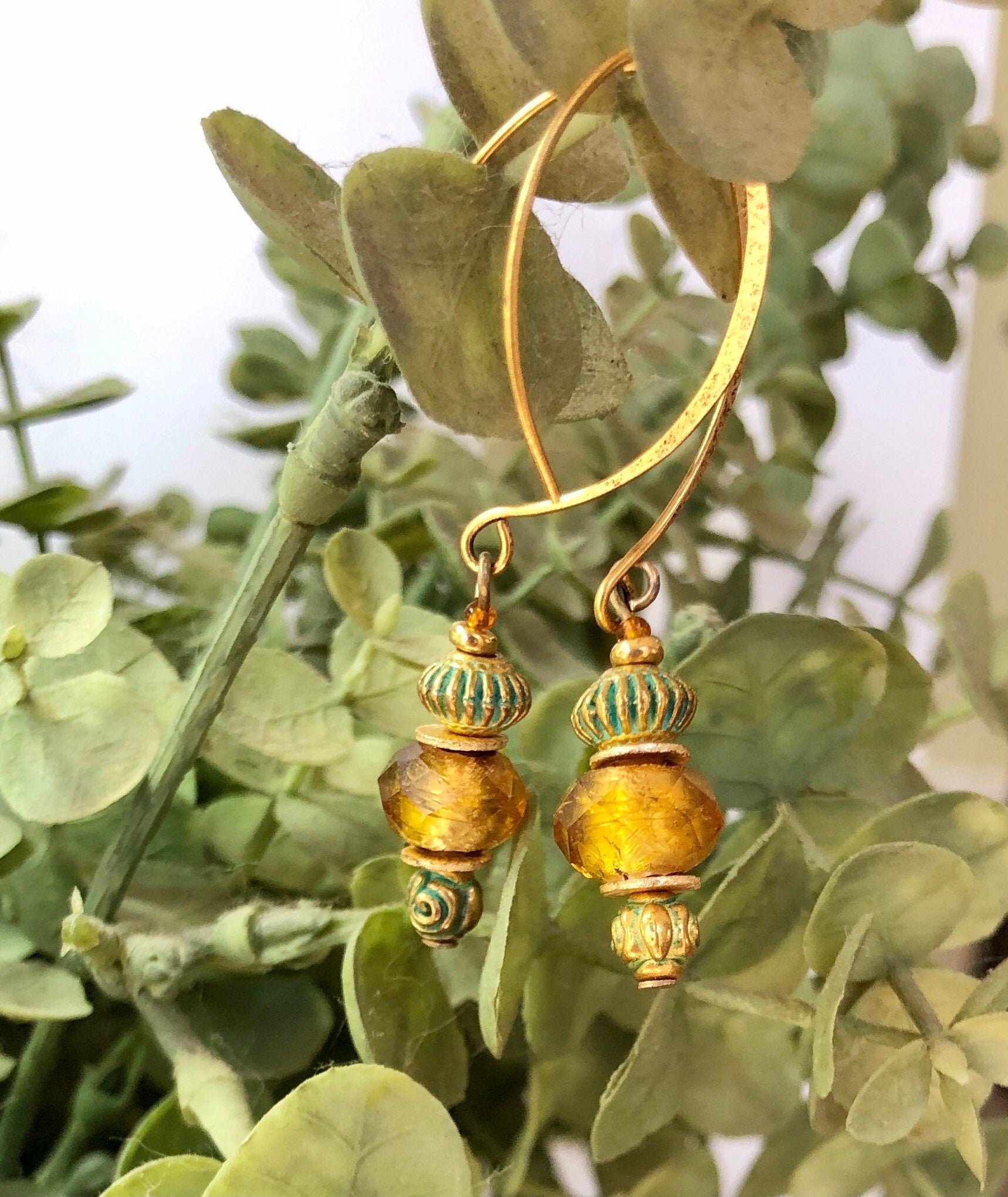 MossberryandStone Aztec Sunset Gold Dangle Earrings with Verdigris Glass
