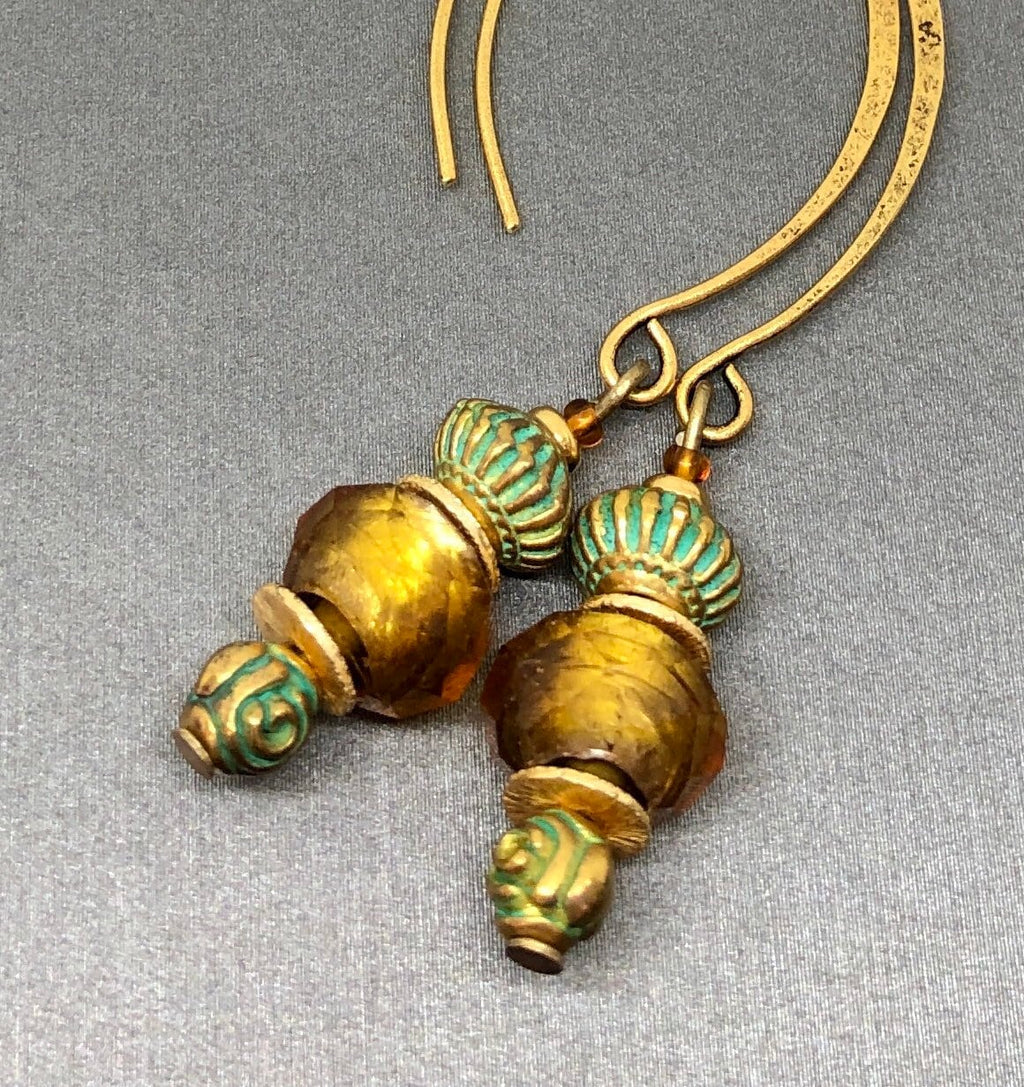 MossberryandStone Aztec Sunset Gold Dangle Earrings with Verdigris Glass