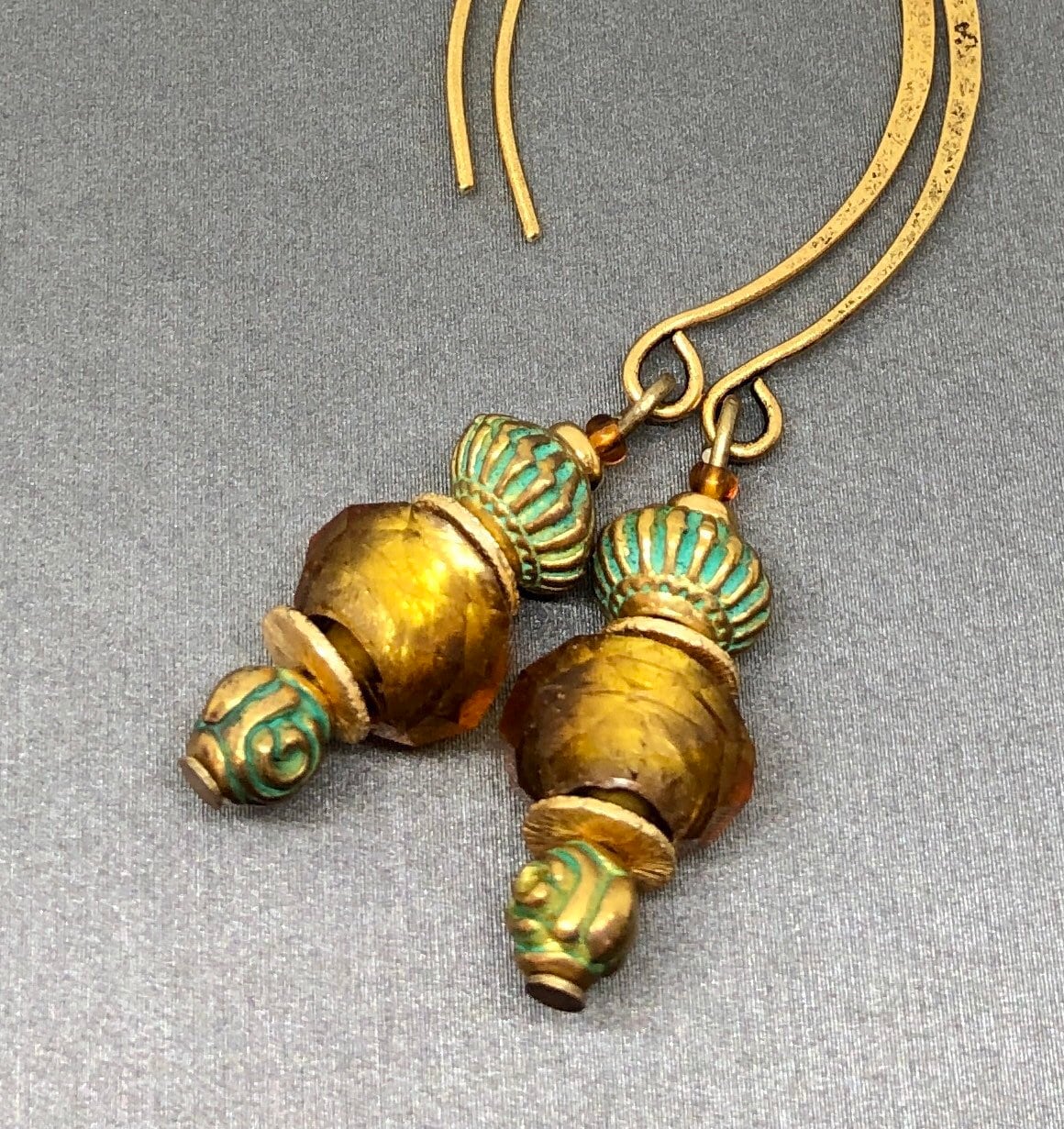 MossberryandStone Aztec Sunset Gold Dangle Earrings with Verdigris Glass