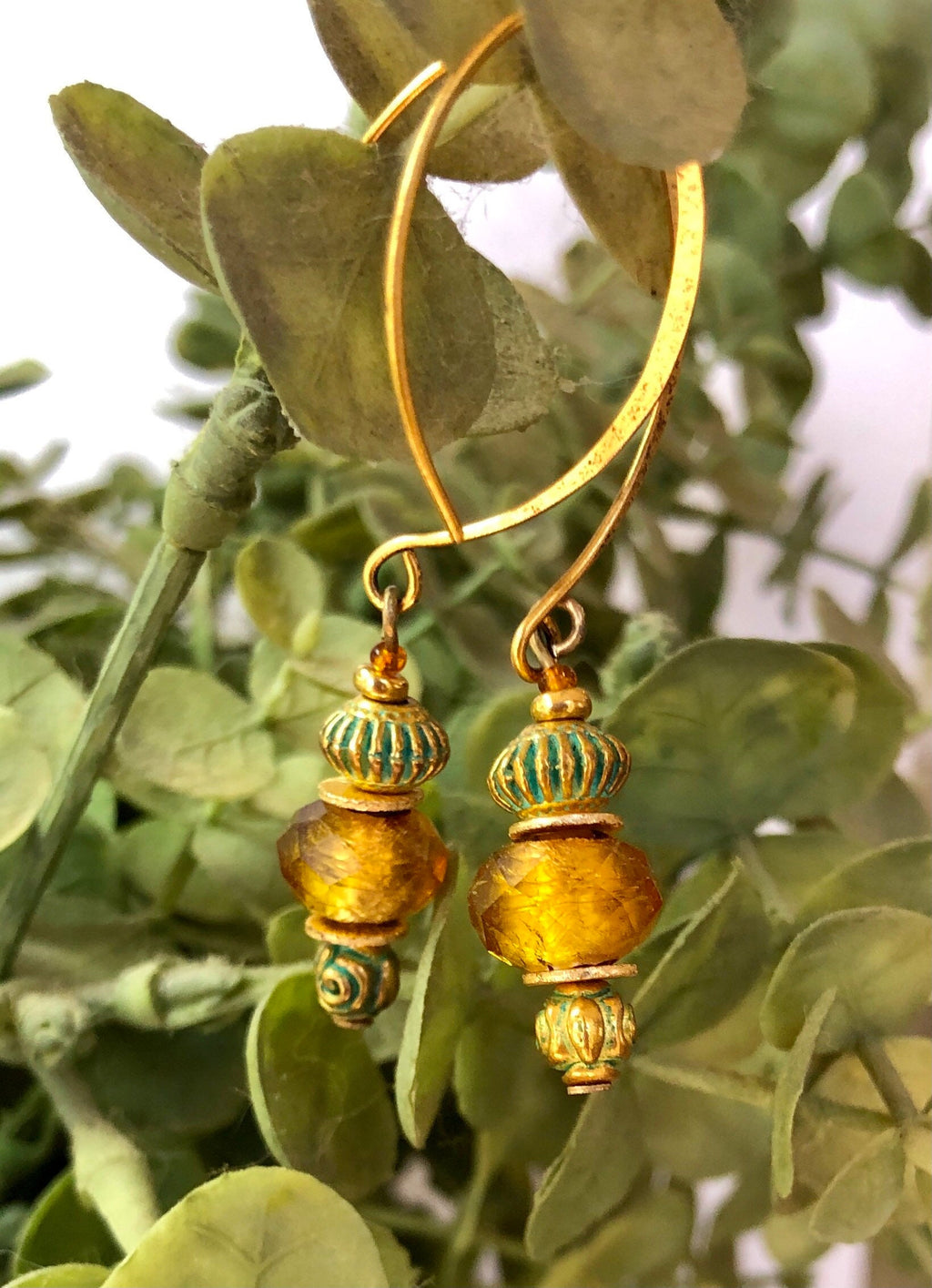 MossberryandStone Aztec Sunset Gold Dangle Earrings with Verdigris Glass