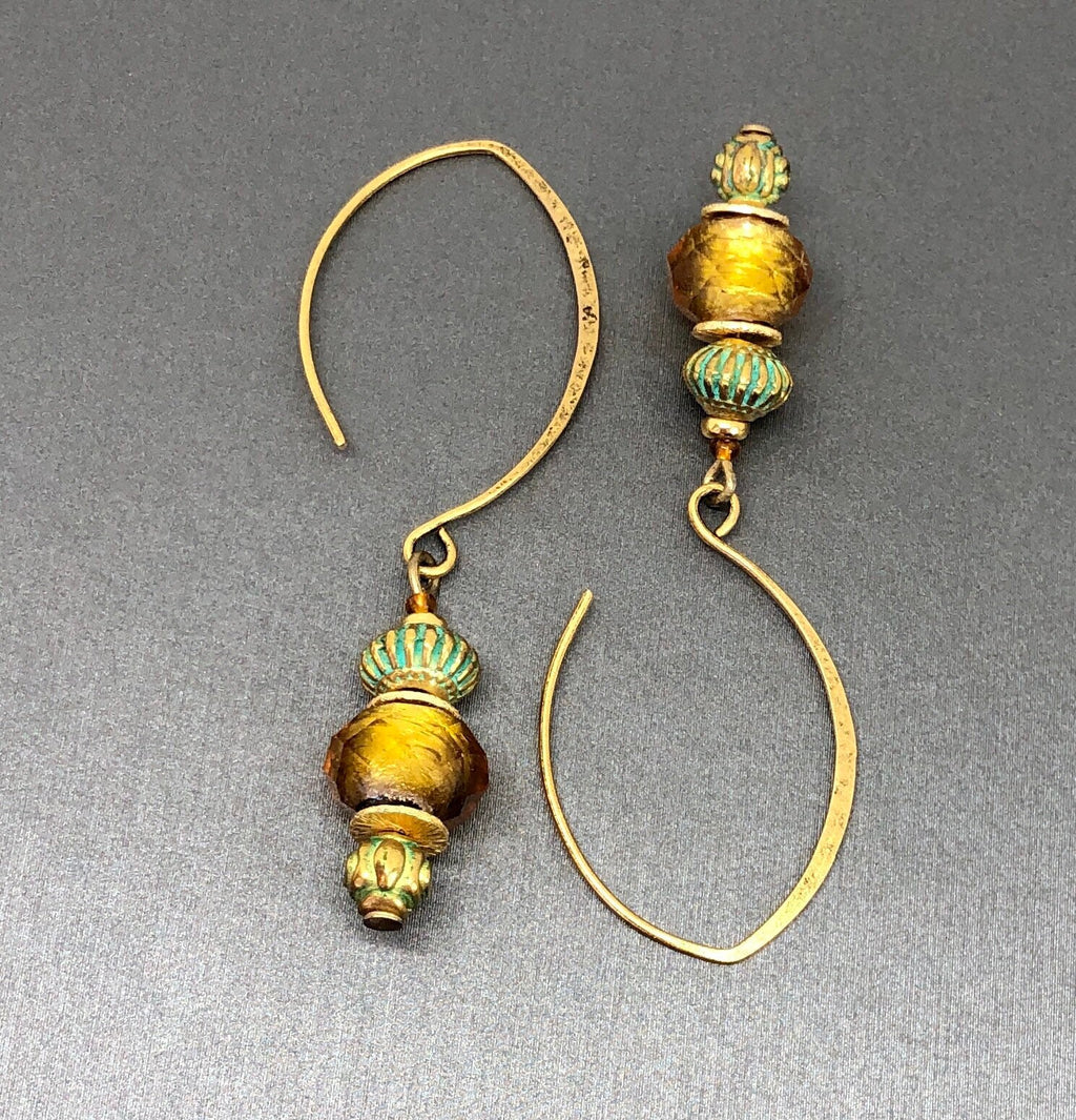 MossberryandStone Aztec Sunset Gold Dangle Earrings with Verdigris Glass