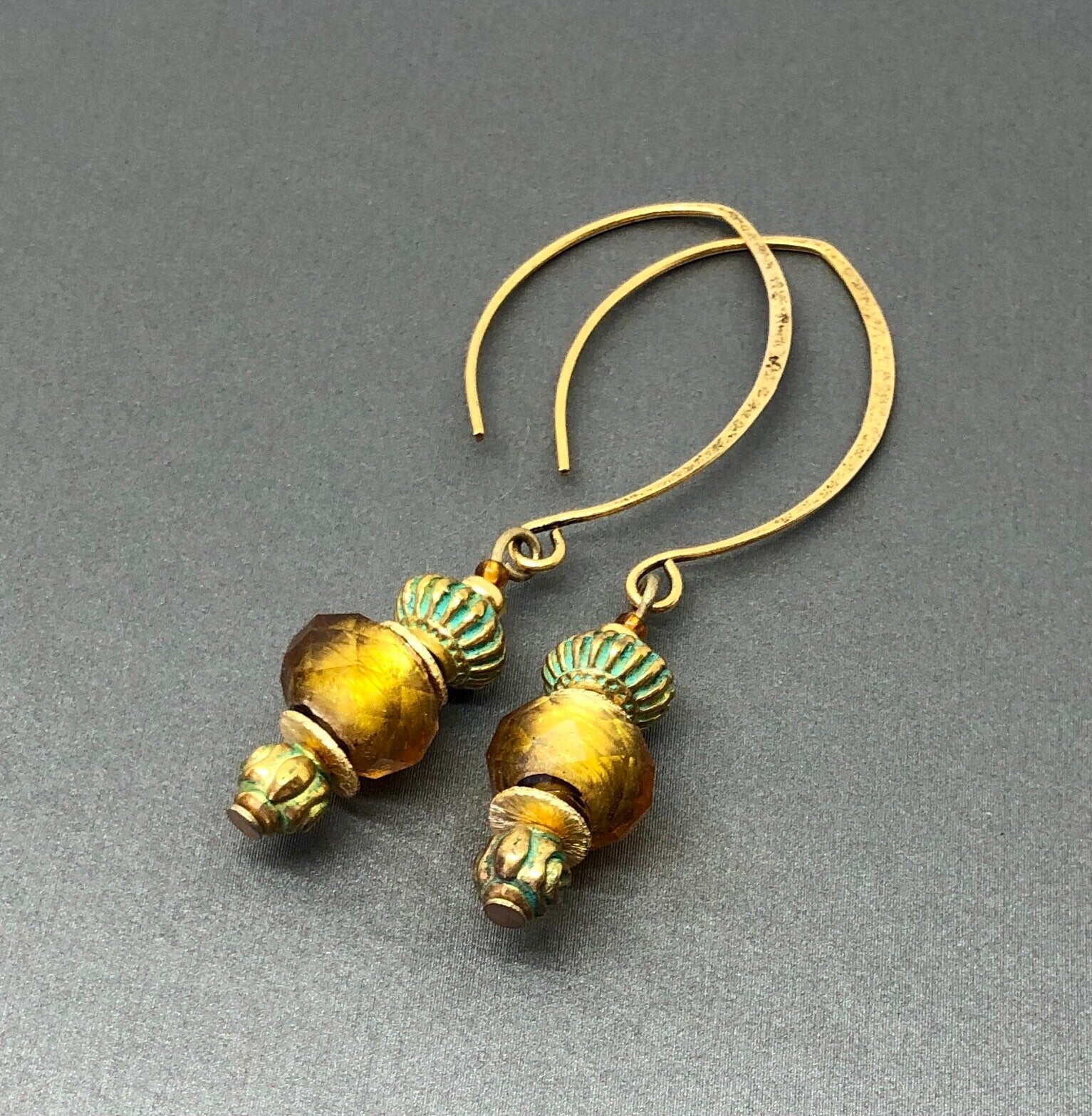 MossberryandStone Aztec Sunset Gold Dangle Earrings with Verdigris Glass