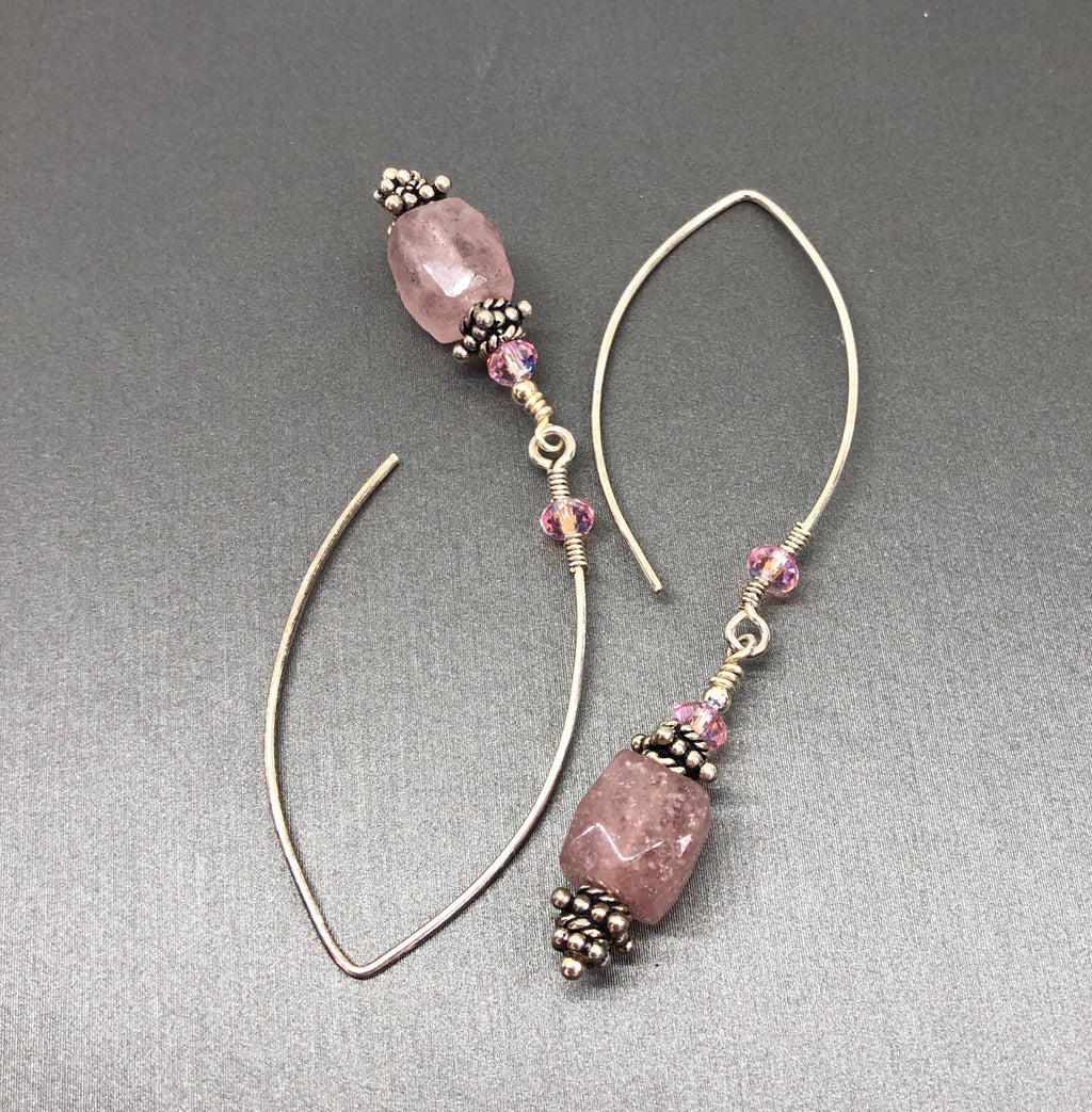 MossberryandStone Pink Strawberry Quartz Sterling Silver Dangle Earrings Beaded