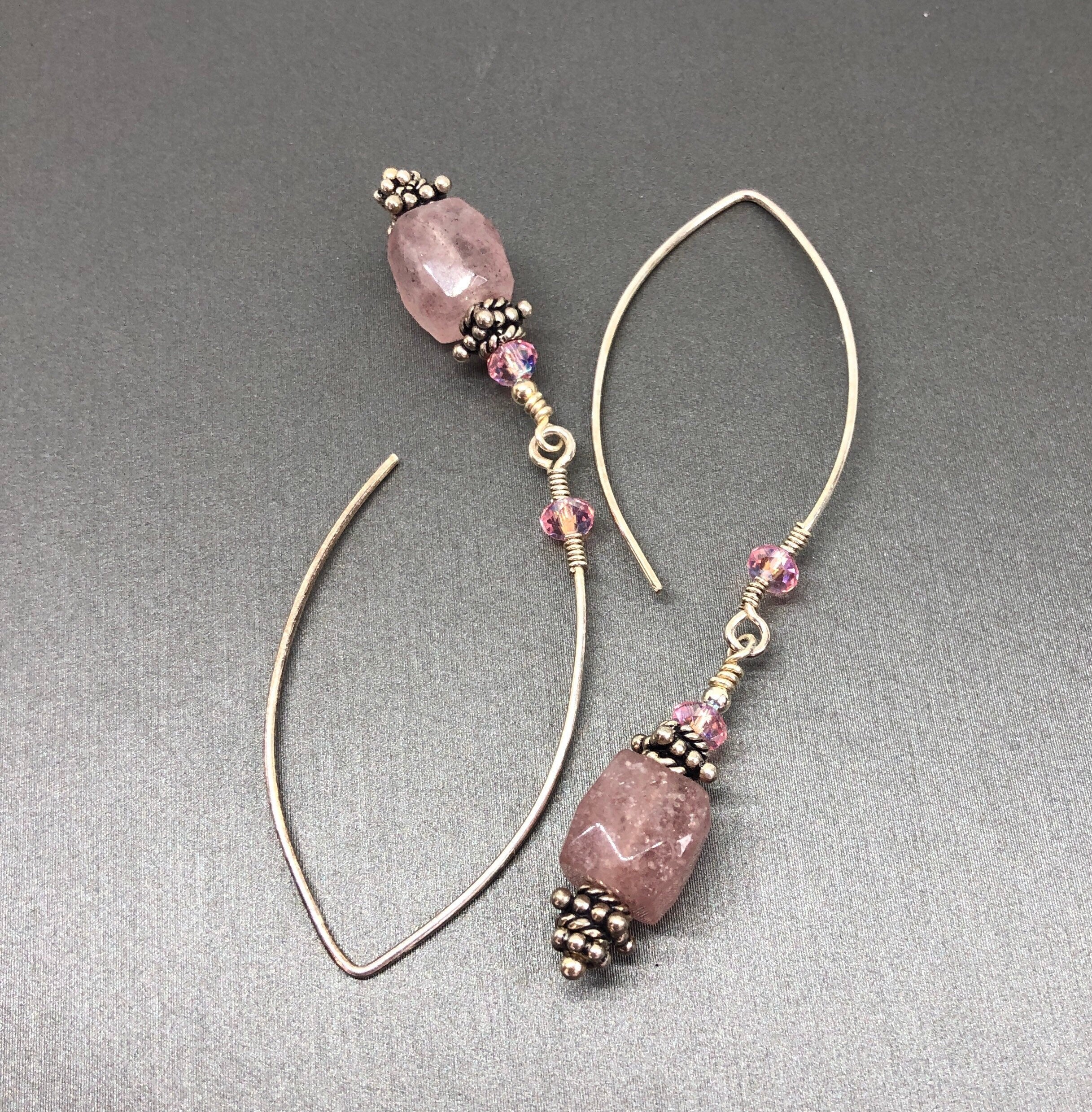 MossberryandStone Pink Strawberry Quartz Sterling Silver Dangle Earrings Beaded