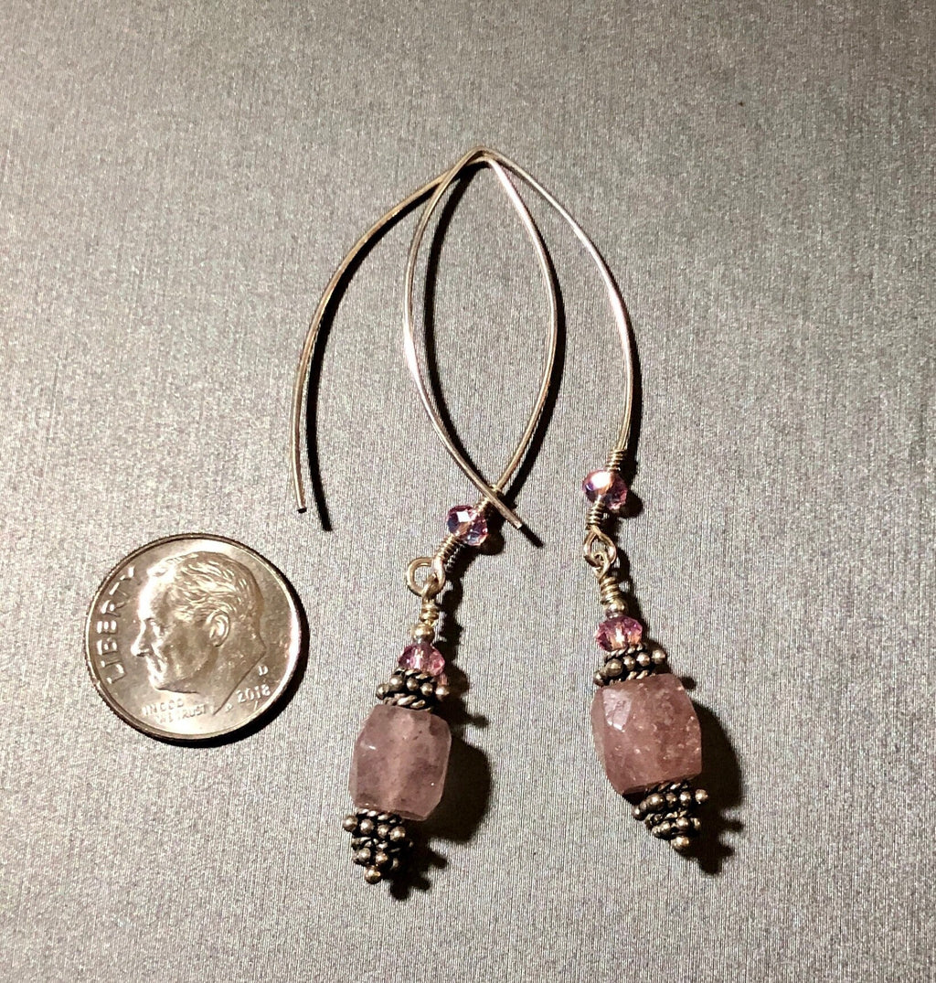 MossberryandStone Pink Strawberry Quartz Sterling Silver Dangle Earrings Beaded