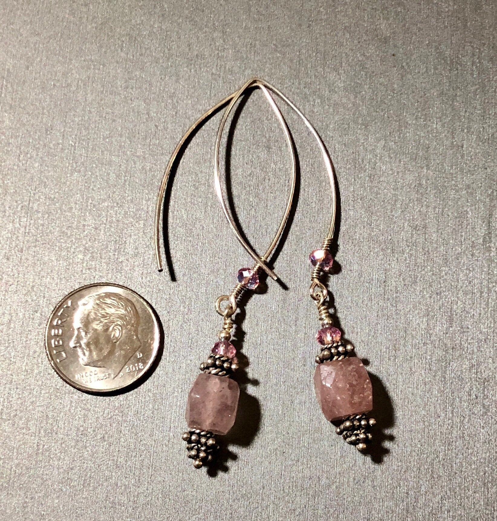 MossberryandStone Pink Strawberry Quartz Sterling Silver Dangle Earrings Beaded
