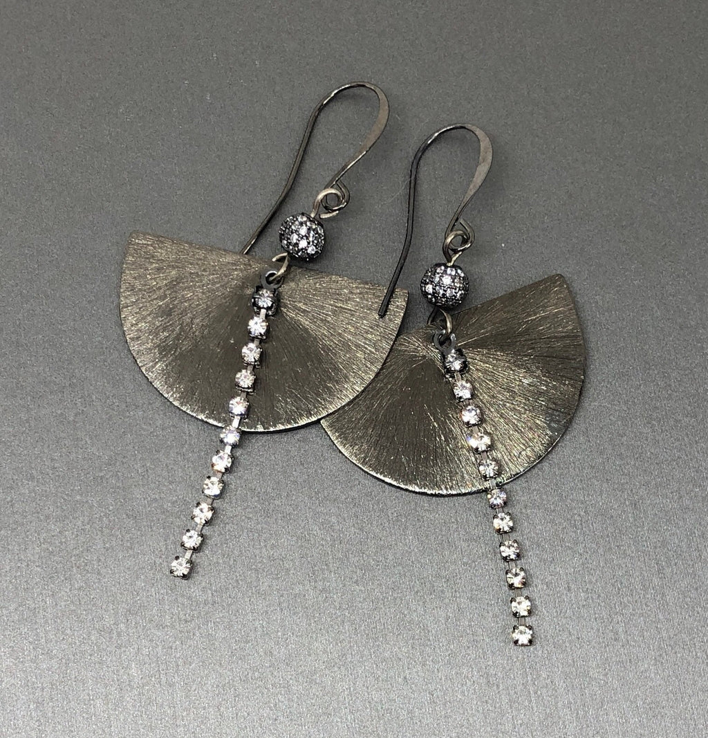 MossberryandStone Half Moon Gunmetal Sparkle Earrings CZ Crystal
